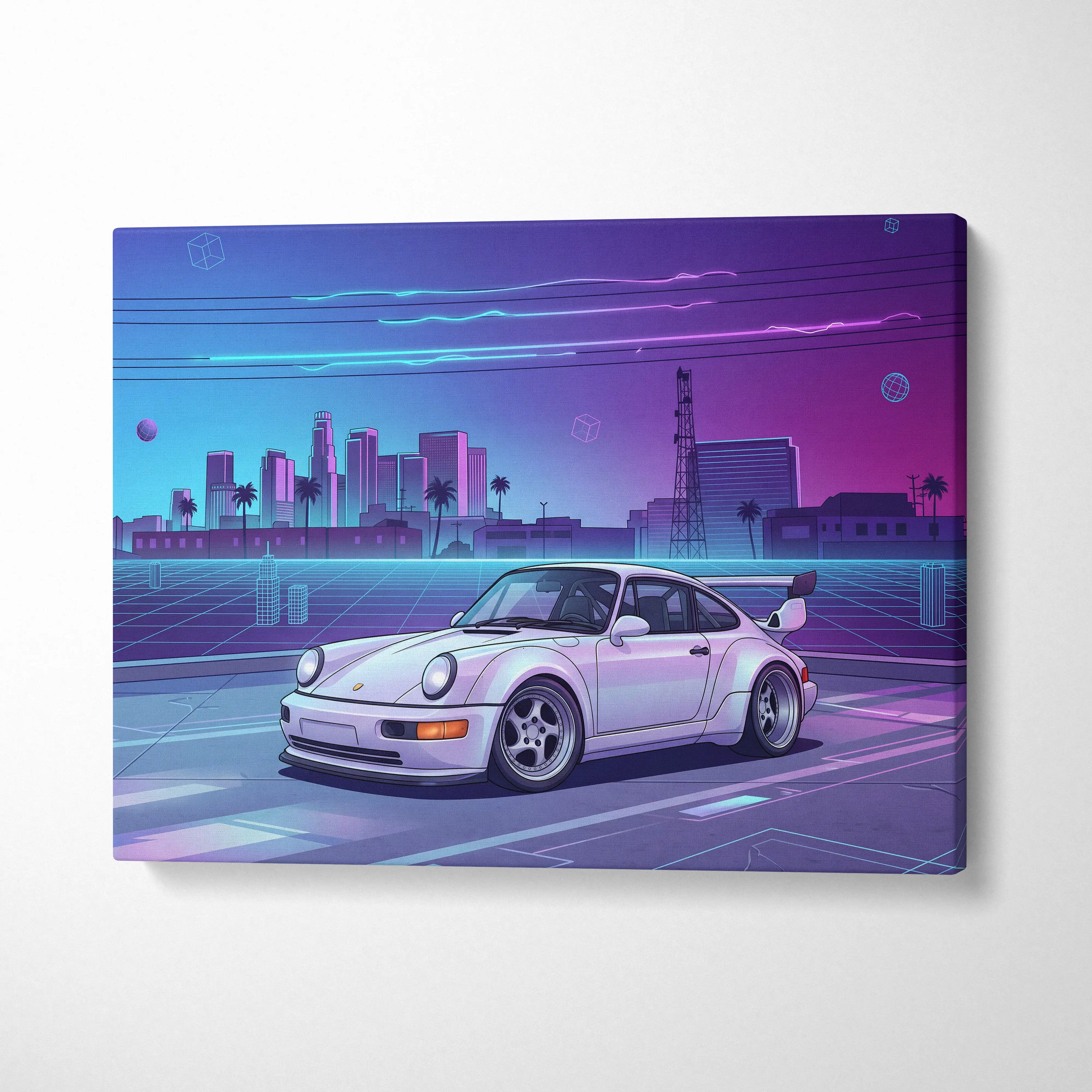 Porsche 911 Turbo Classic Inspired White Purple Canvas Wall Art Vaporwave Neon City Sports Car Artwork, Retro Cyberpunk Garage Decor