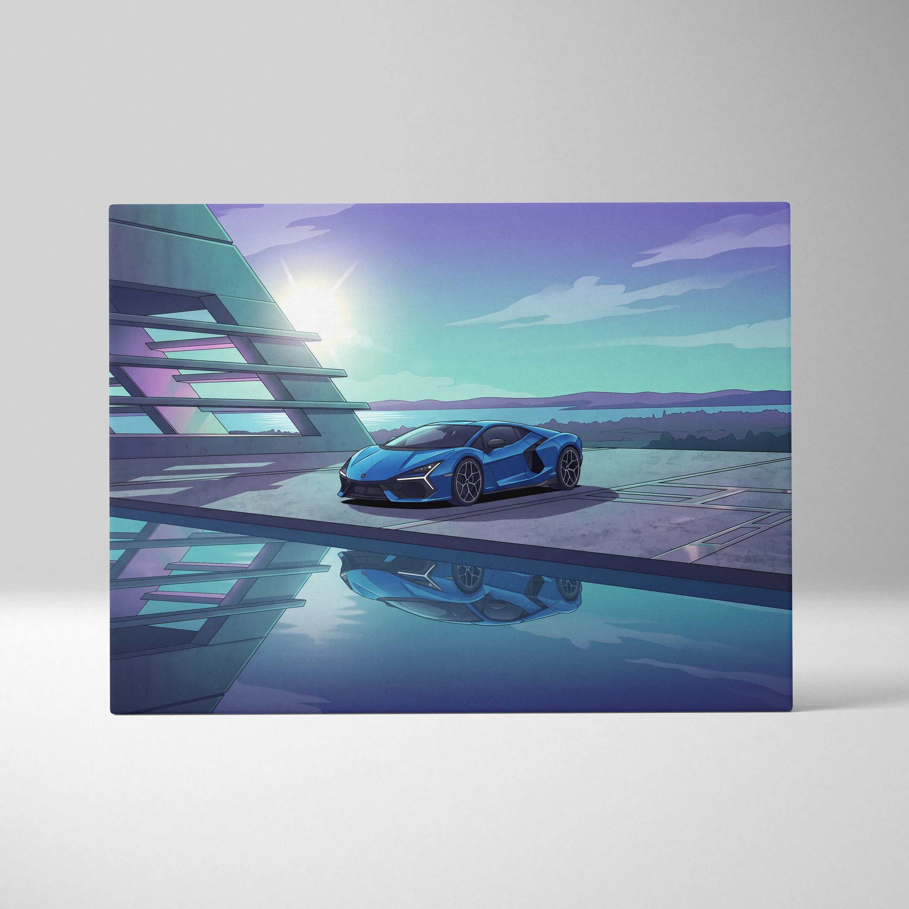 Lamborghini Revuelto Inspired Blue Purple Canvas Wall Art, Vaporwave Supercar Artwork, Neon Lakefront Garage Decor, Retro Futuristic Exotic Print