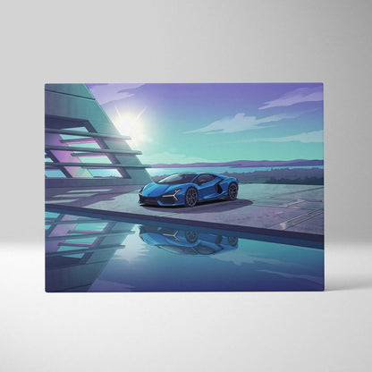 Lamborghini Revuelto Inspired Blue Purple Canvas Wall Art, Vaporwave Supercar Artwork, Neon Lakefront Garage Decor, Retro Futuristic Exotic Print