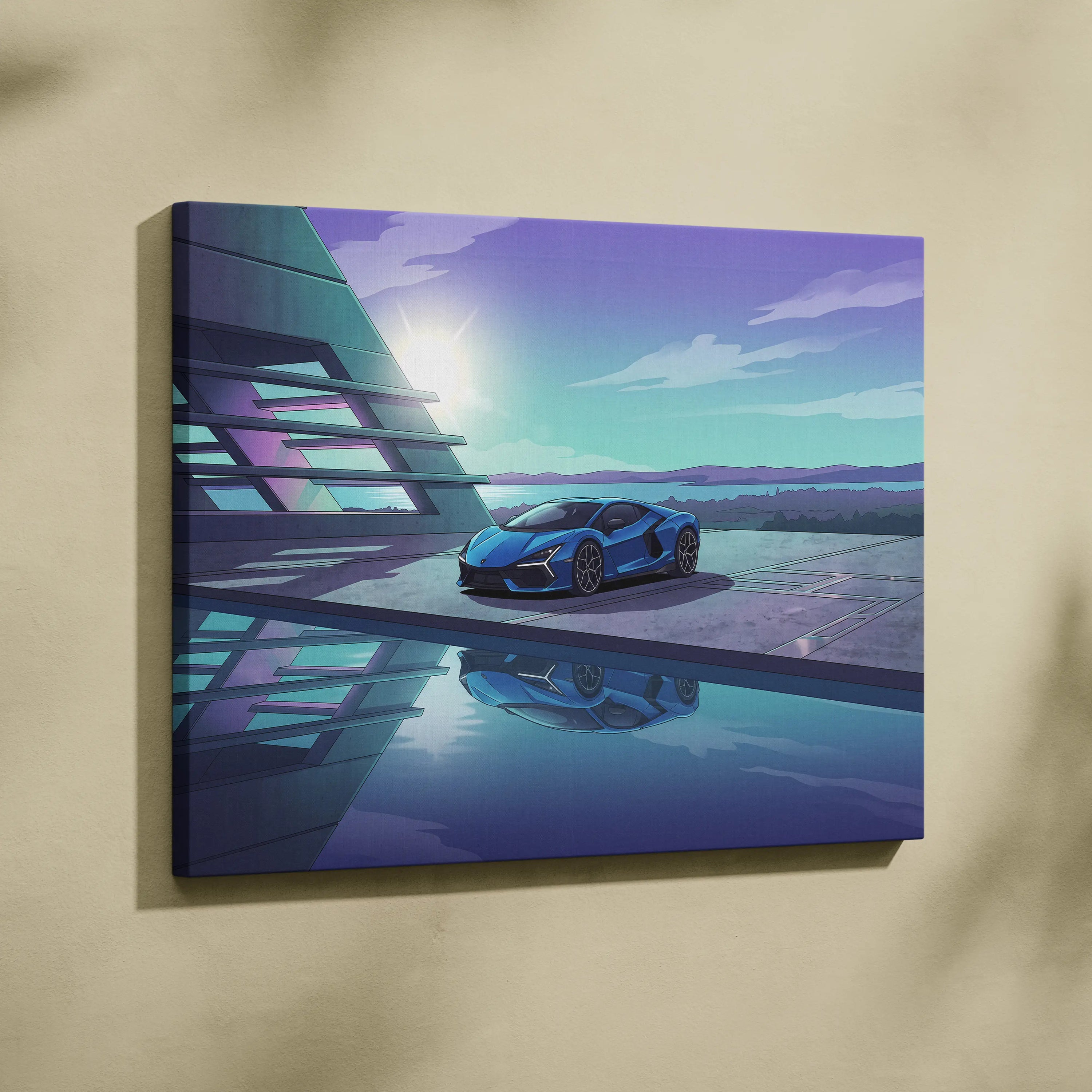 Lamborghini Revuelto Inspired Blue Purple Canvas Wall Art, Vaporwave Supercar Artwork, Neon Lakefront Garage Decor, Retro Futuristic Exotic Print