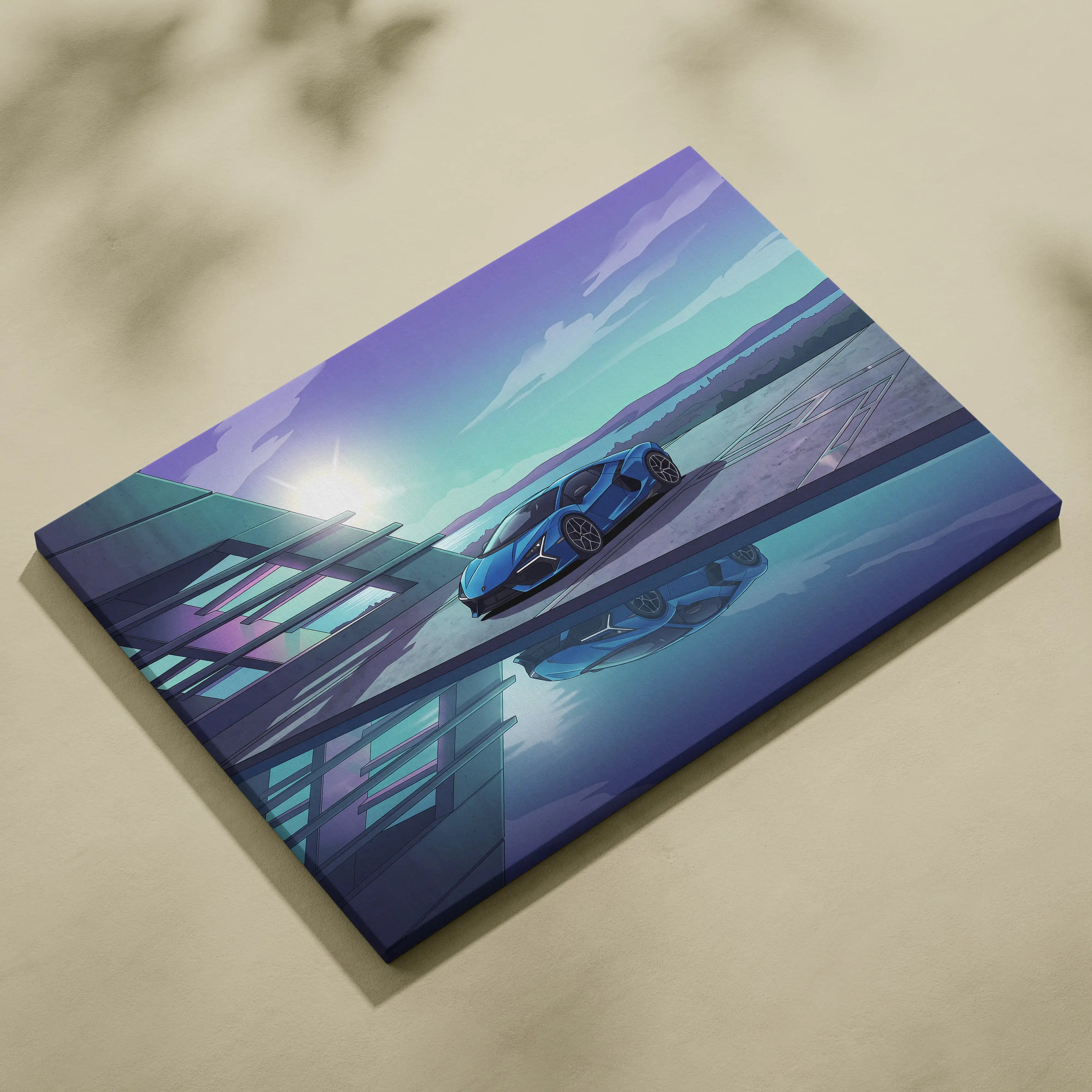 Lamborghini Revuelto Inspired Blue Purple Canvas Wall Art, Vaporwave Supercar Artwork, Neon Lakefront Garage Decor, Retro Futuristic Exotic Print