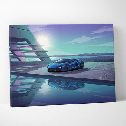 Lamborghini Revuelto Inspired Blue Purple Canvas Wall Art, Vaporwave Supercar Artwork, Neon Lakefront Garage Decor, Retro Futuristic Exotic Print