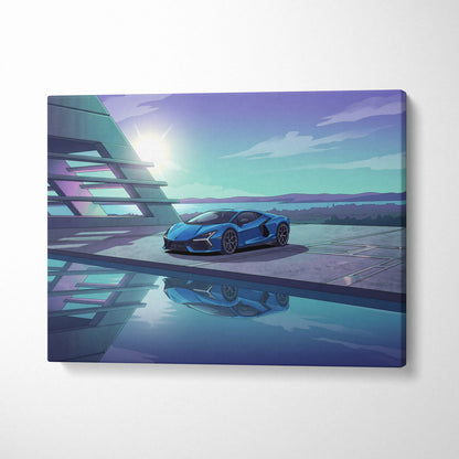 Lamborghini Revuelto Inspired Blue Purple Canvas Wall Art, Vaporwave Supercar Artwork, Neon Lakefront Garage Decor, Retro Futuristic Exotic Print
