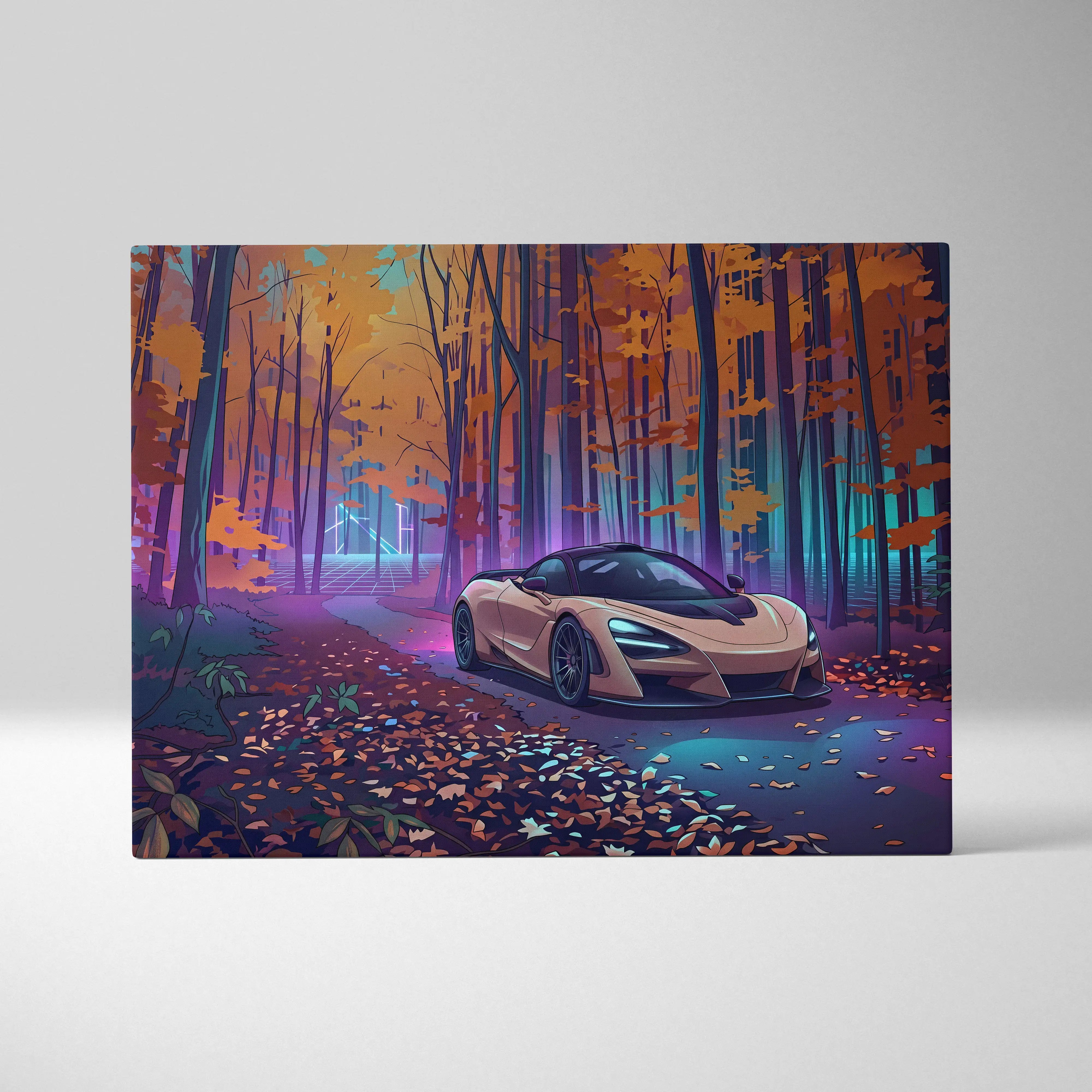 A sleek tan mclaren 720s sports car with glowing headlights in a vaporwave forest neon pink teal art canvas