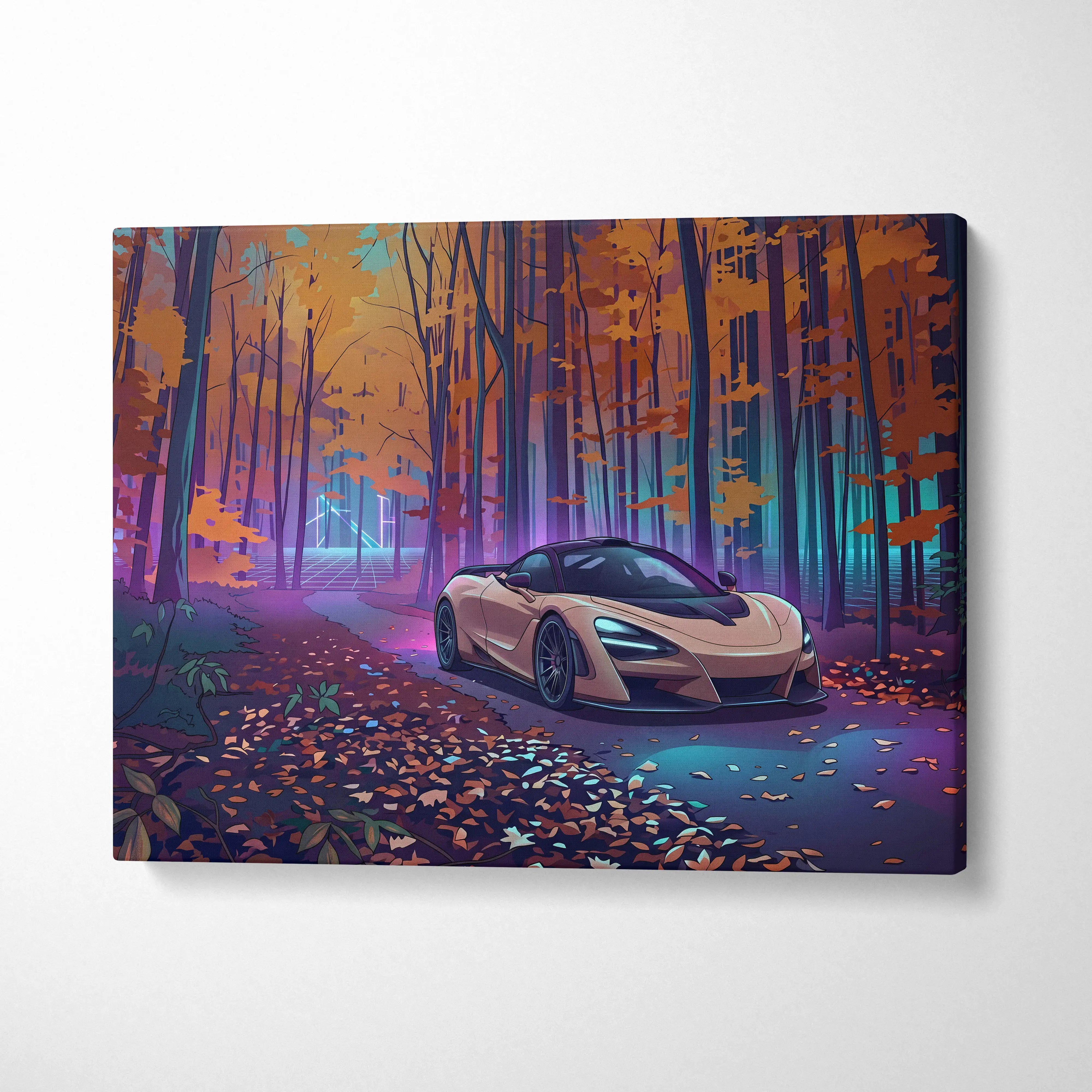 A sleek tan mclaren 720s sports car with black roof and racing stripes in a vaporwave forest neon art canvas