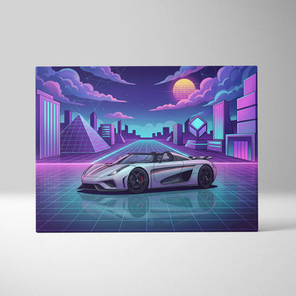 Koenigsegg Regera Inspired Silver Purple Canvas Wall Art, Vaporwave Hypercar Artwork, Neon Grid City Decor, Retro Futuristic Exotic Print