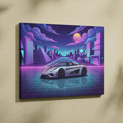 Koenigsegg Regera Inspired Silver Purple Canvas Wall Art, Vaporwave Hypercar Artwork, Neon Grid City Decor, Retro Futuristic Exotic Print