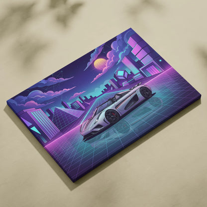 Koenigsegg Regera Inspired Silver Purple Canvas Wall Art, Vaporwave Hypercar Artwork, Neon Grid City Decor, Retro Futuristic Exotic Print