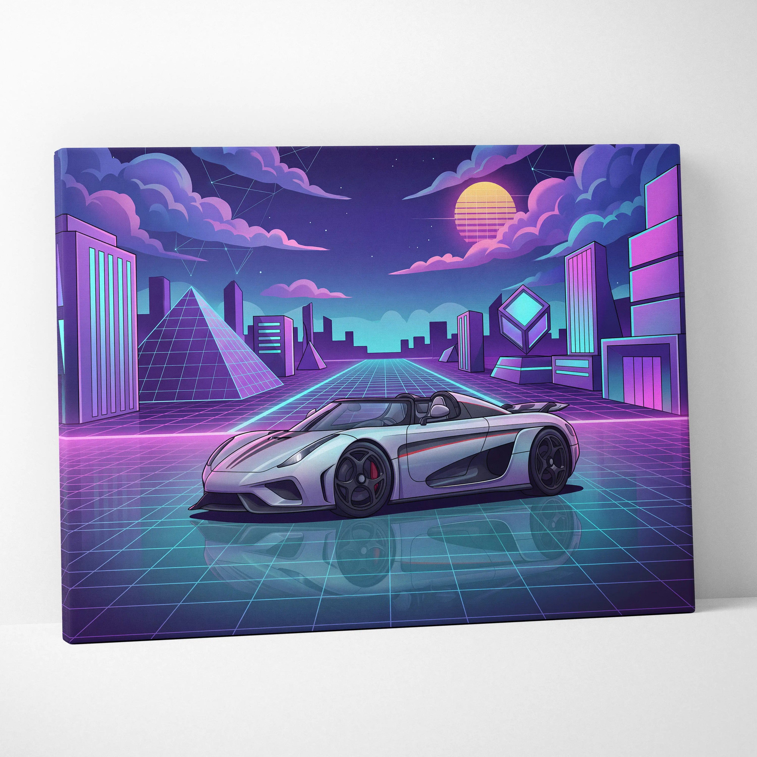 Koenigsegg Regera Inspired Silver Purple Canvas Wall Art, Vaporwave Hypercar Artwork, Neon Grid City Decor, Retro Futuristic Exotic Print