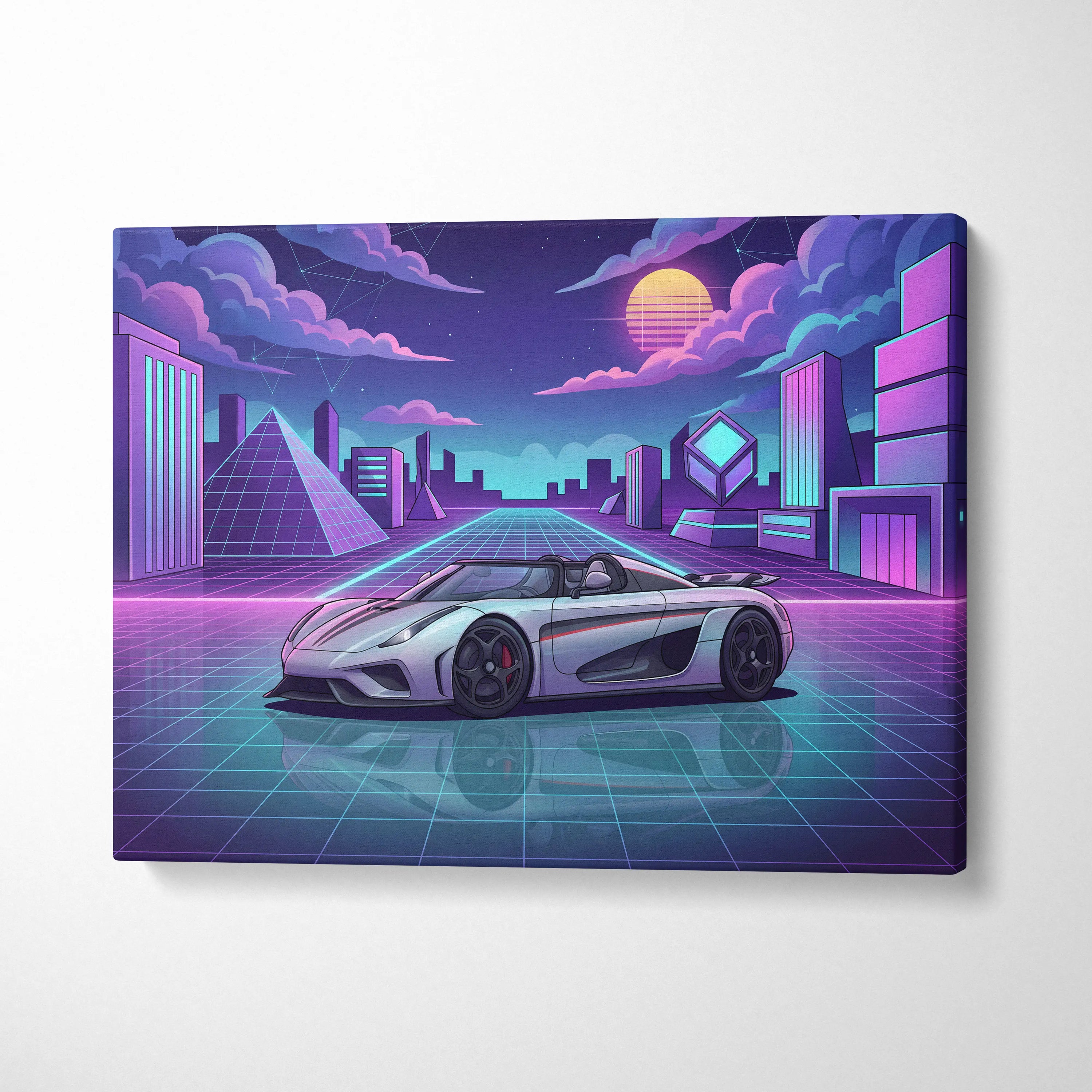Koenigsegg Regera Inspired Silver Purple Canvas Wall Art, Vaporwave Hypercar Artwork, Neon Grid City Decor, Retro Futuristic Exotic Print