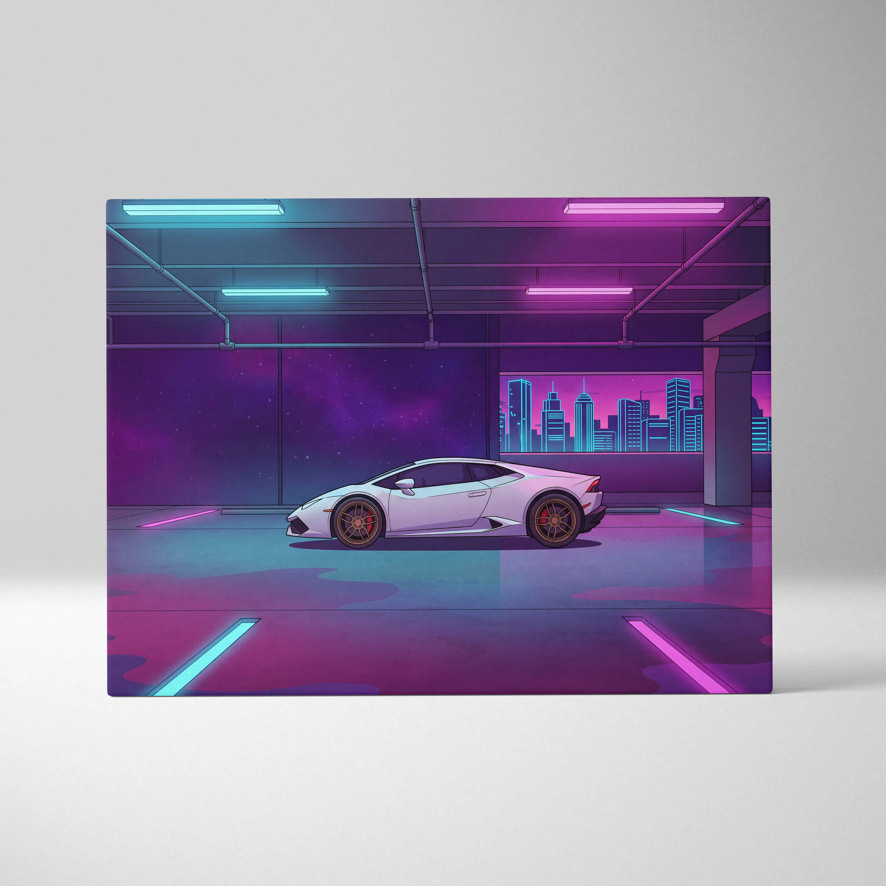 Lamborghini Huracan Inspired White Purple Canvas Wall Art, Neon Vaporwave Supercar Artwork for Modern Garage Decor