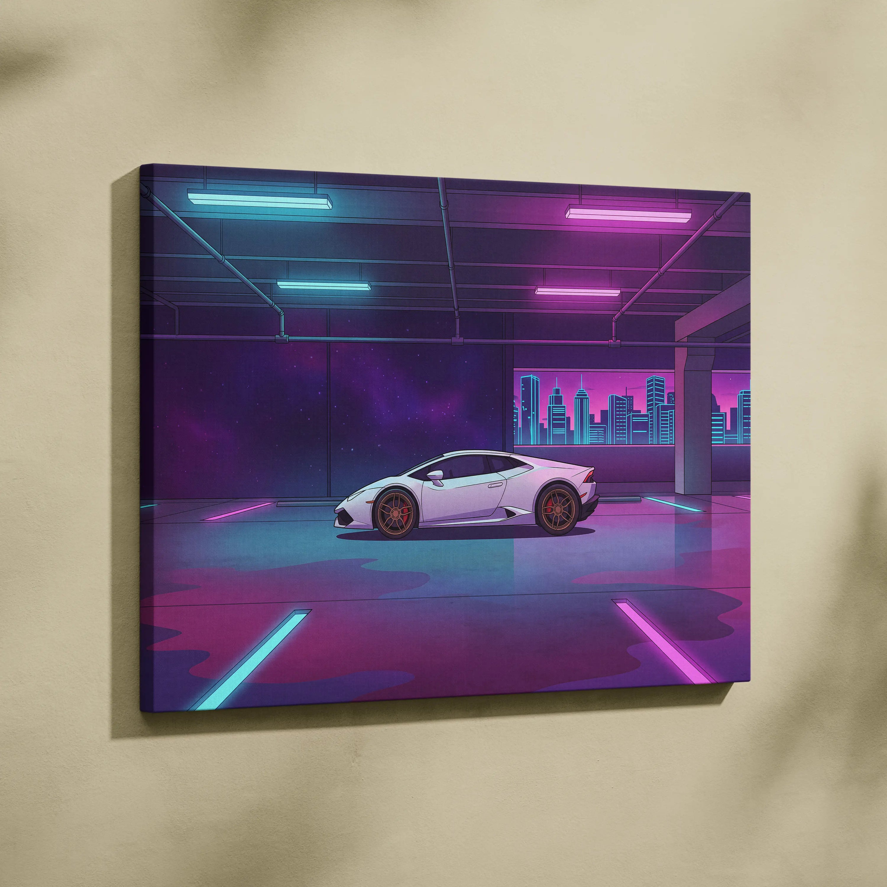 Lamborghini Huracan Inspired White Purple Canvas Wall Art, Neon Vaporwave Supercar Artwork for Modern Garage Decor
