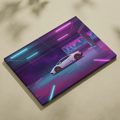 Lamborghini Huracan Inspired White Purple Canvas Wall Art, Neon Vaporwave Supercar Artwork for Modern Garage Decor