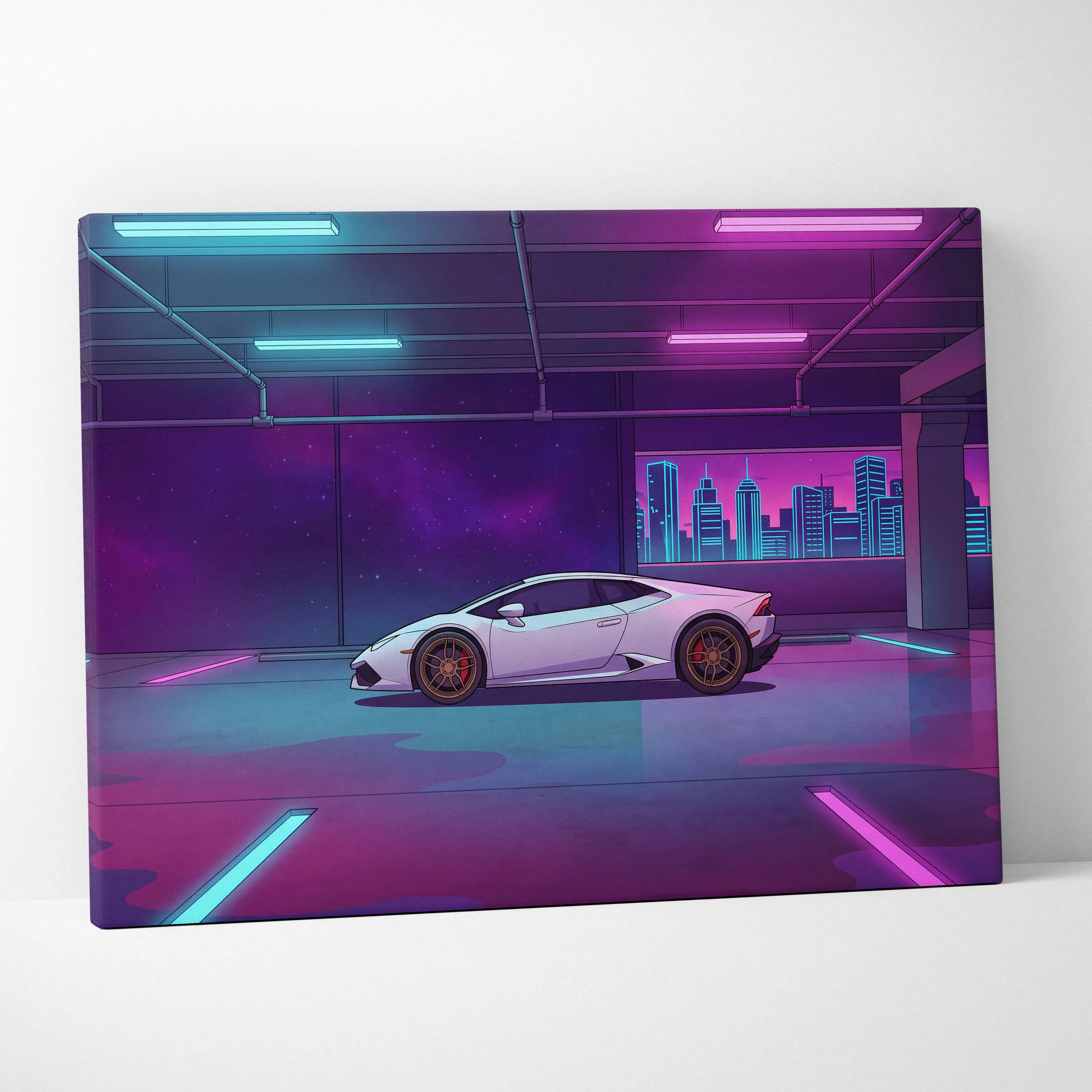 Lamborghini Huracan Inspired White Purple Canvas Wall Art, Neon Vaporwave Supercar Artwork for Modern Garage Decor