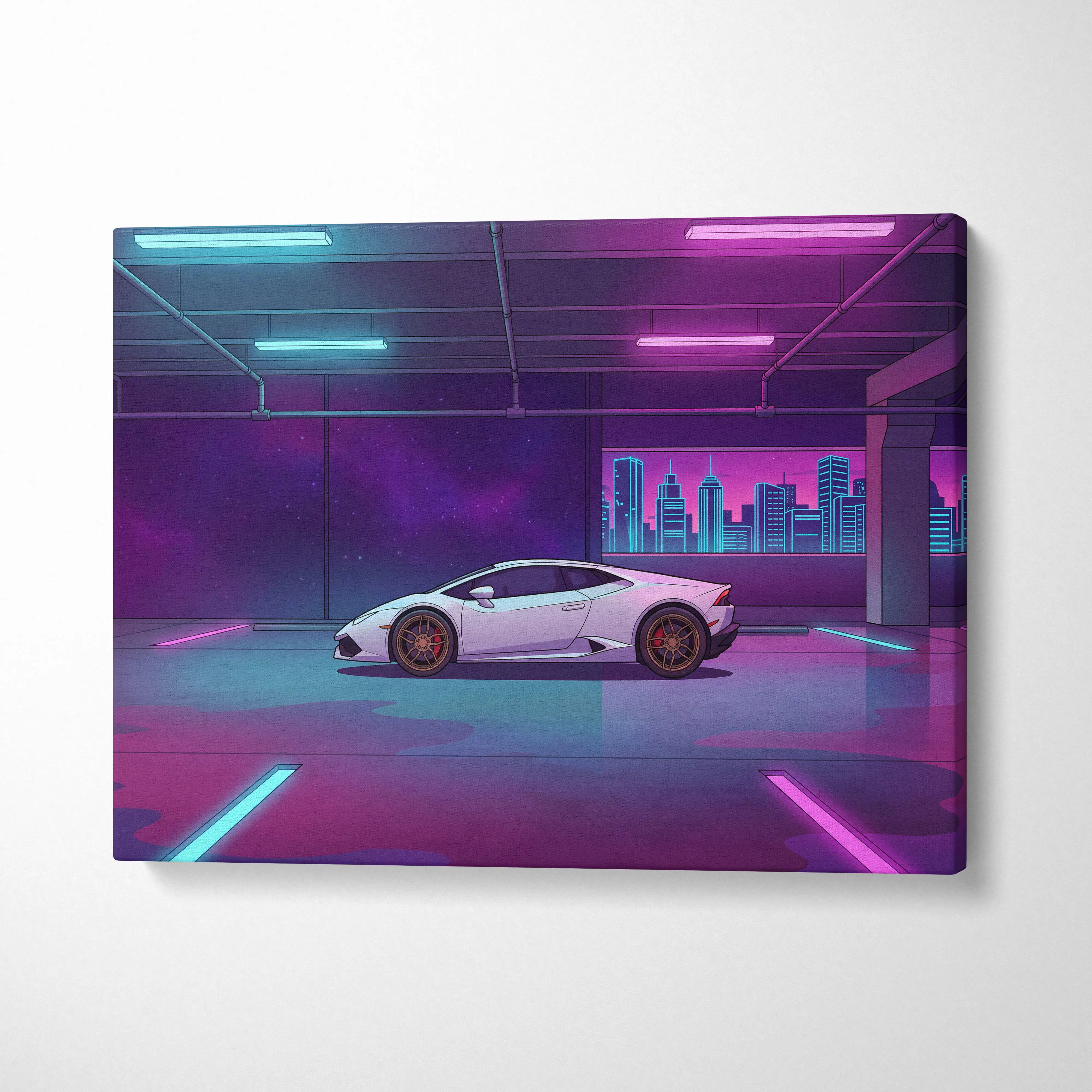 Lamborghini Huracan Inspired White Purple Canvas Wall Art, Neon Vaporwave Supercar Artwork for Modern Garage Decor