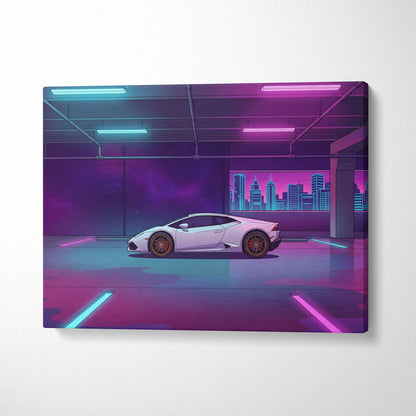 Lamborghini Huracan Inspired White Purple Canvas Wall Art, Neon Vaporwave Supercar Artwork for Modern Garage Decor
