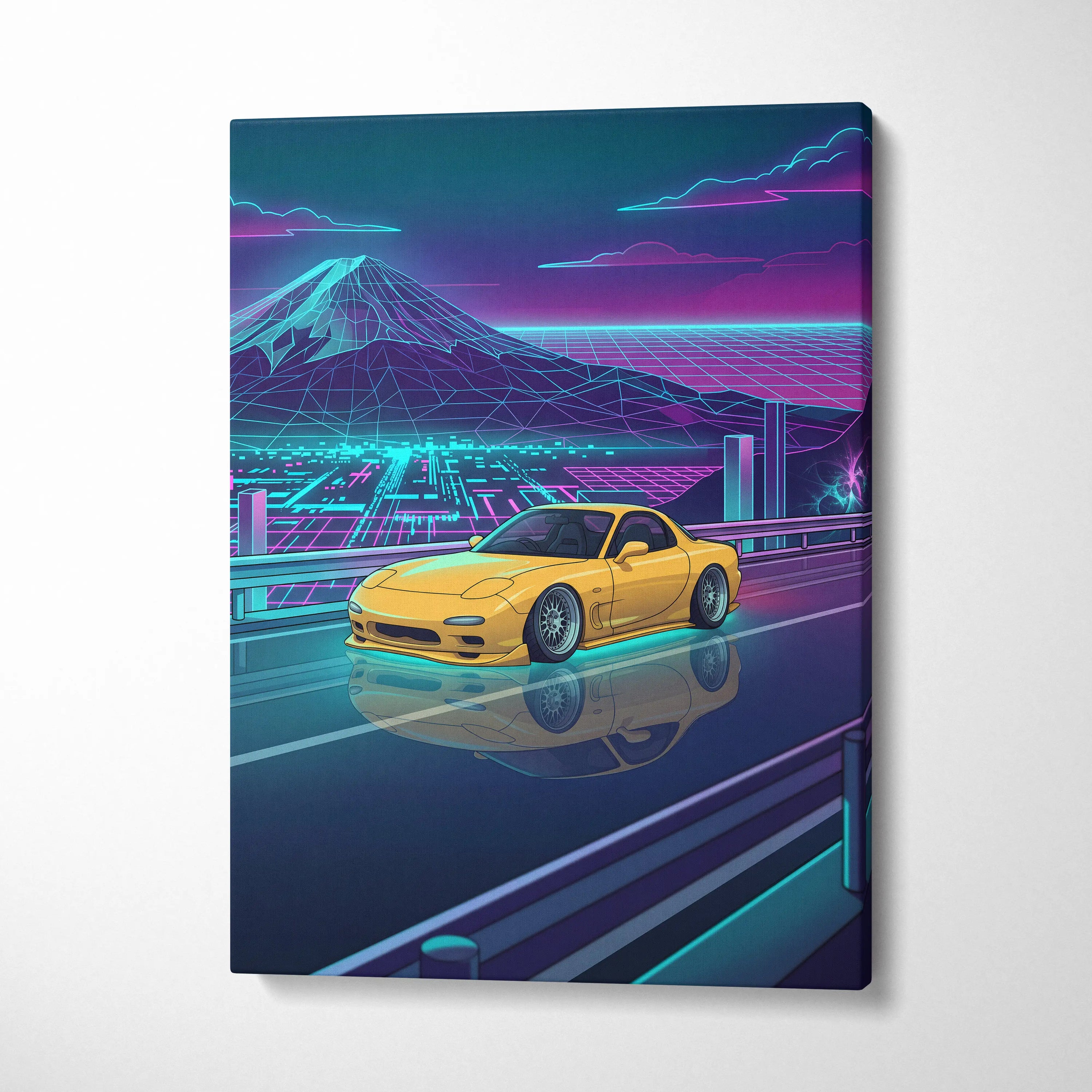 Mazda RX-7 FD Inspired Yellow Teal Canvas Wall Art Vaporwave JDM Sports Car Artwork Neon Mountain Road Garage Decor Retro Futuristic Night Print