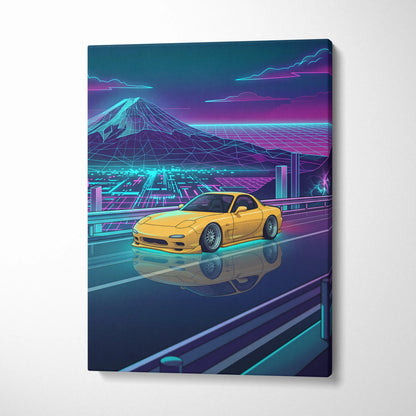 Mazda RX-7 FD Inspired Yellow Teal Canvas Wall Art Vaporwave JDM Sports Car Artwork Neon Mountain Road Garage Decor Retro Futuristic Night Print