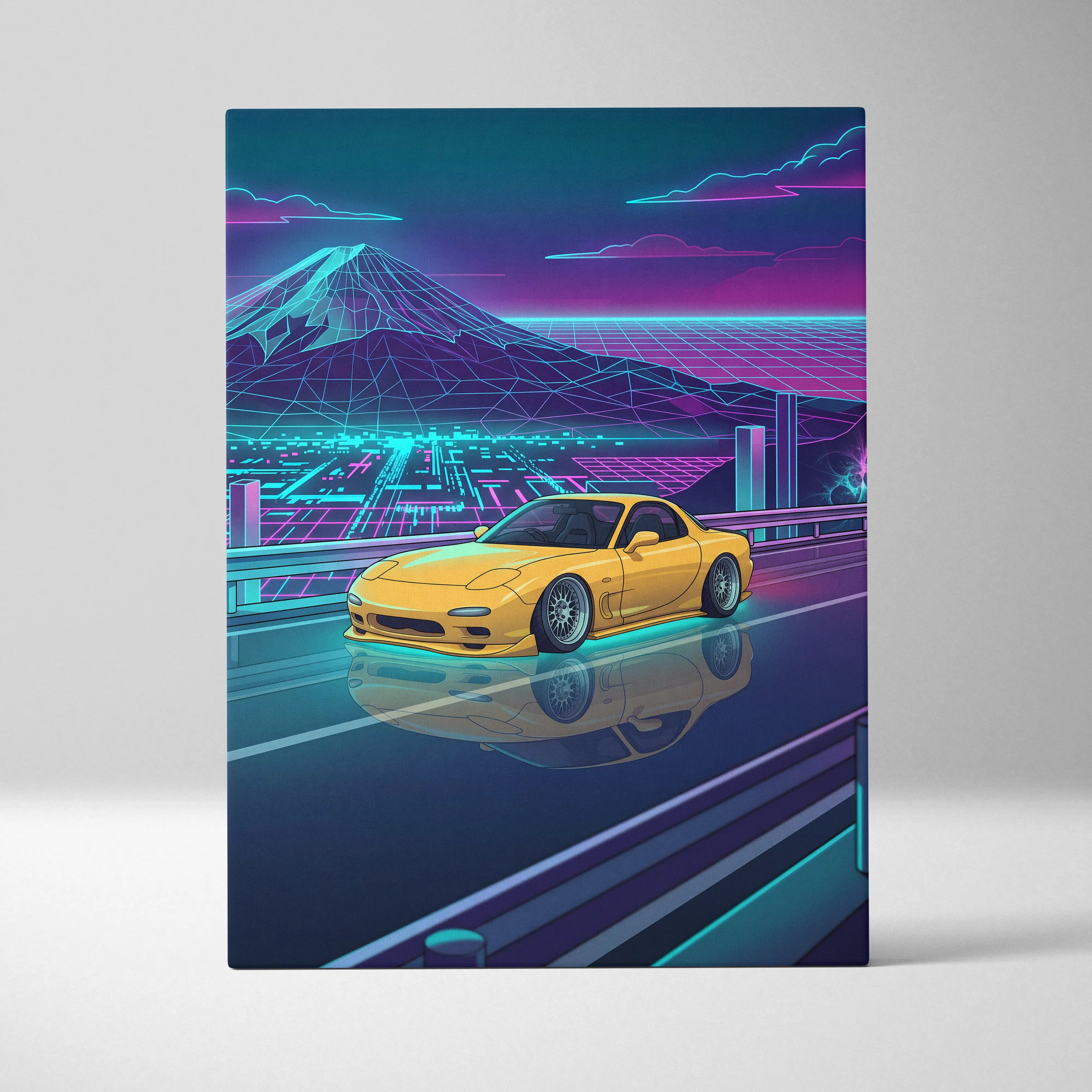 Mazda RX-7 FD Inspired Yellow Teal Canvas Wall Art Vaporwave JDM Sports Car Artwork Neon Mountain Road Garage Decor Retro Futuristic Night Print