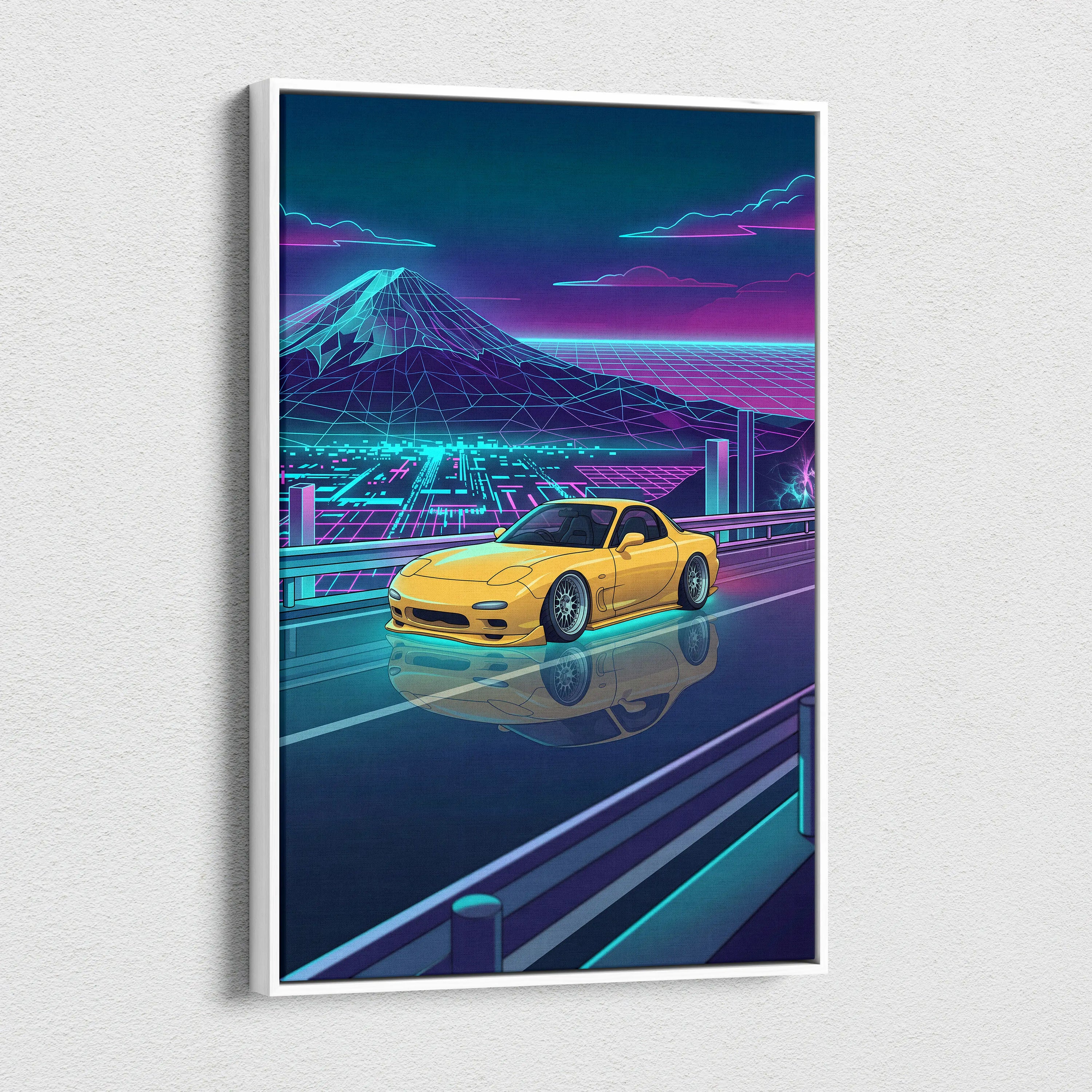 Mazda RX-7 FD Inspired Yellow Teal Canvas Wall Art Vaporwave JDM Sports Car Artwork Neon Mountain Road Garage Decor Retro Futuristic Night Print