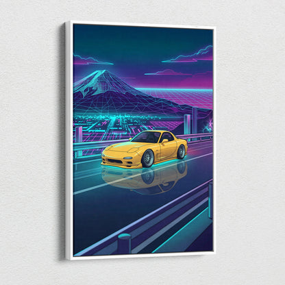 Mazda RX-7 FD Inspired Yellow Teal Canvas Wall Art Vaporwave JDM Sports Car Artwork Neon Mountain Road Garage Decor Retro Futuristic Night Print