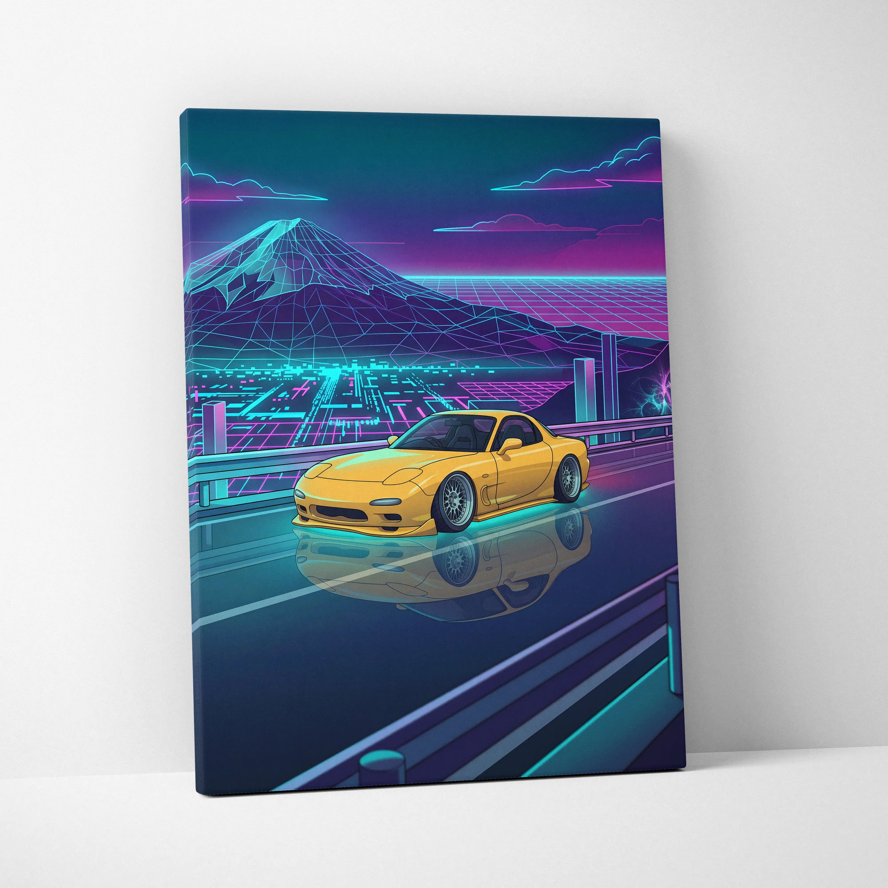 Mazda RX-7 FD Inspired Yellow Teal Canvas Wall Art Vaporwave JDM Sports Car Artwork Neon Mountain Road Garage Decor Retro Futuristic Night Print