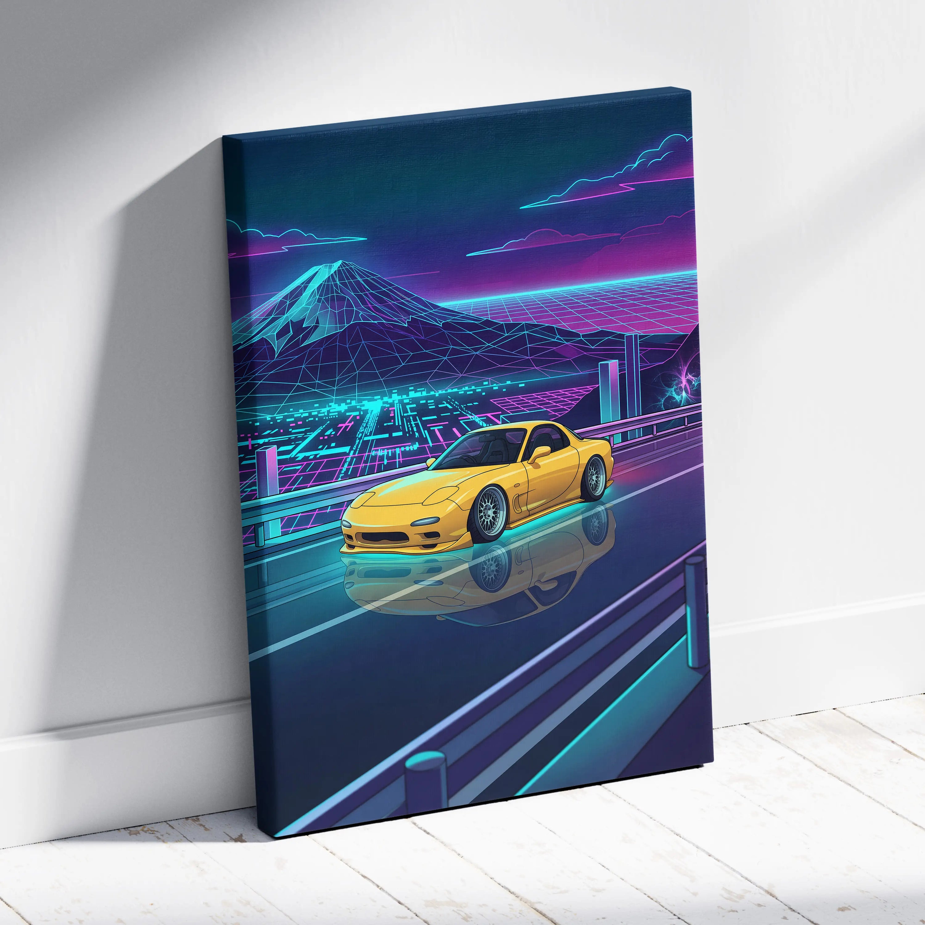 Mazda RX-7 FD Inspired Yellow Teal Canvas Wall Art Vaporwave JDM Sports Car Artwork Neon Mountain Road Garage Decor Retro Futuristic Night Print