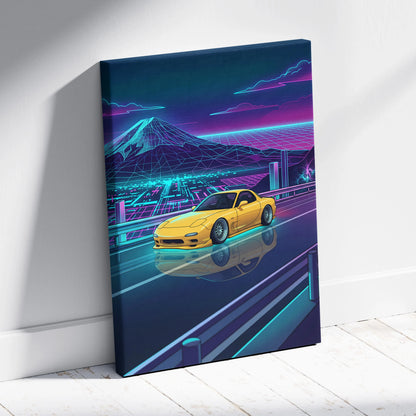 Mazda RX-7 FD Inspired Yellow Teal Canvas Wall Art Vaporwave JDM Sports Car Artwork Neon Mountain Road Garage Decor Retro Futuristic Night Print