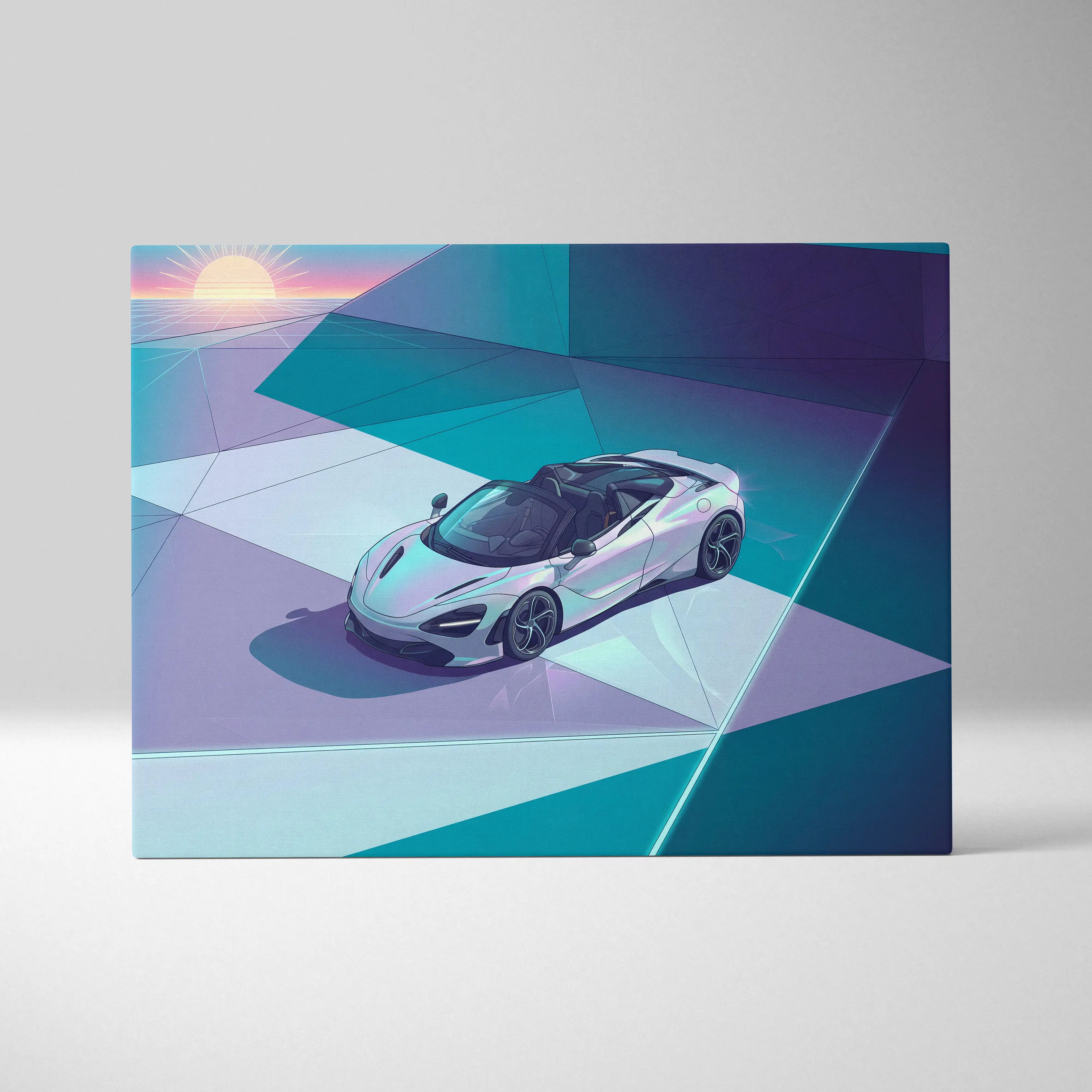McLaren 720S Spider Inspired White Teal Canvas Wall Art, Vaporwave Supercar Artwork, Neon Grid Garage Decor, Retro Futuristic Exotic Print