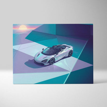 McLaren 720S Spider Inspired White Teal Canvas Wall Art, Vaporwave Supercar Artwork, Neon Grid Garage Decor, Retro Futuristic Exotic Print