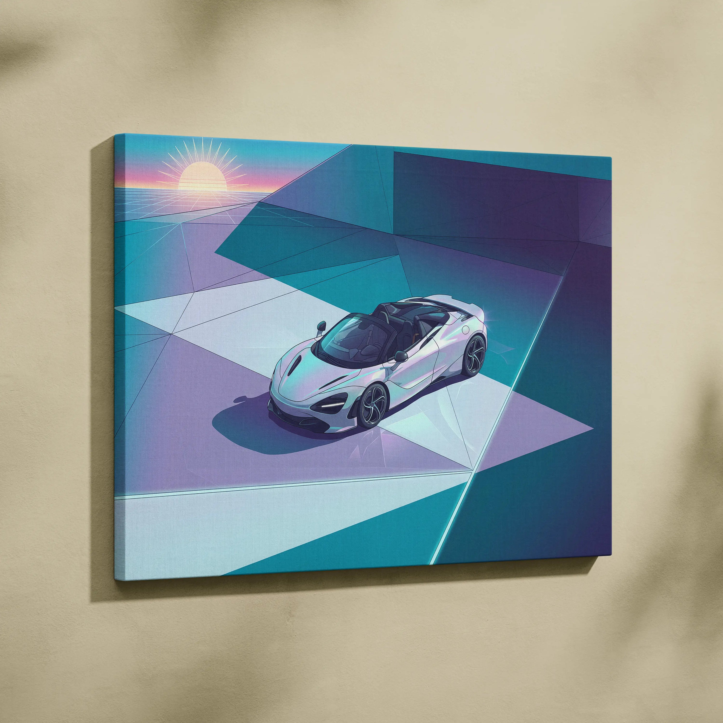 McLaren 720S Spider Inspired White Teal Canvas Wall Art, Vaporwave Supercar Artwork, Neon Grid Garage Decor, Retro Futuristic Exotic Print