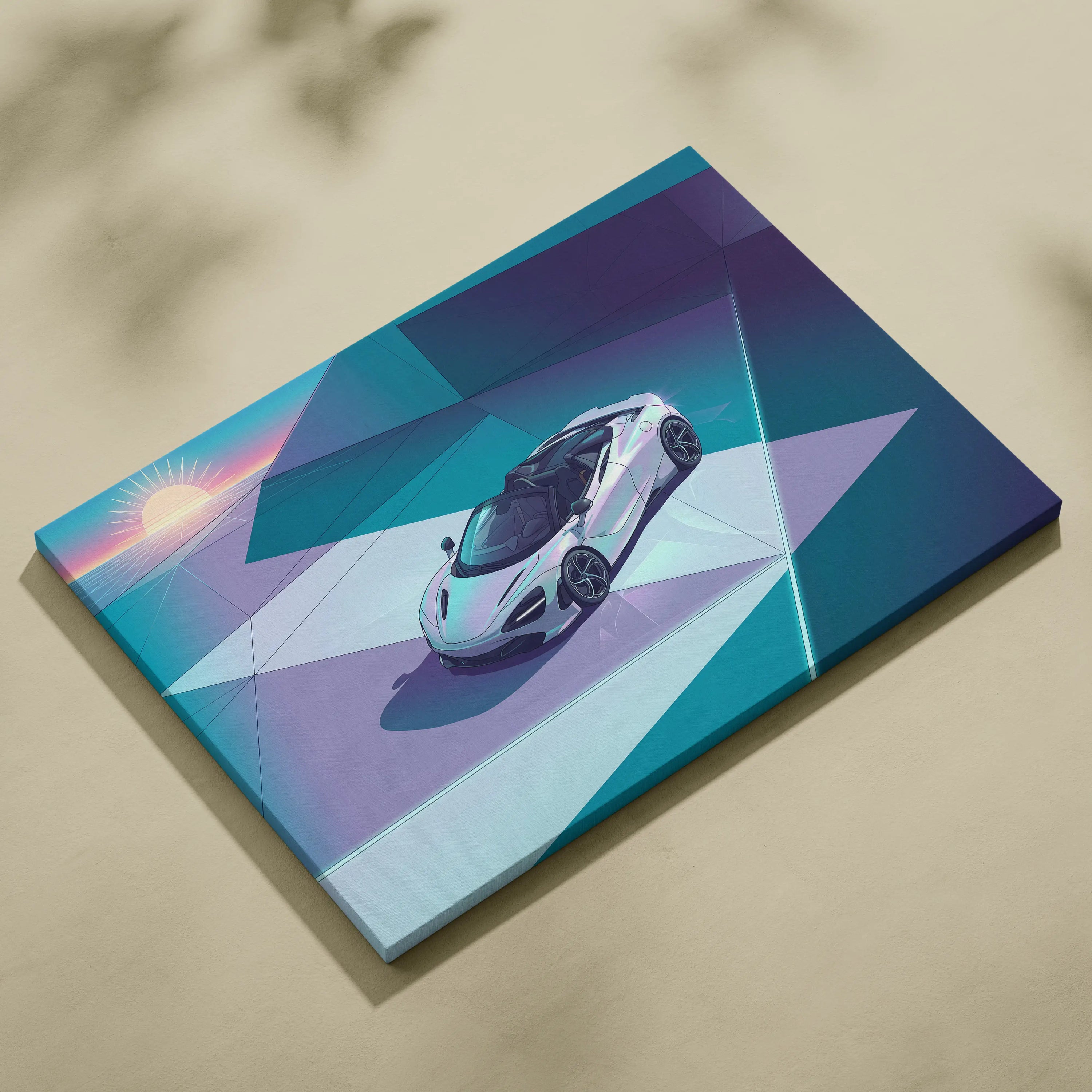 McLaren 720S Spider Inspired White Teal Canvas Wall Art, Vaporwave Supercar Artwork, Neon Grid Garage Decor, Retro Futuristic Exotic Print
