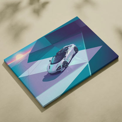 McLaren 720S Spider Inspired White Teal Canvas Wall Art, Vaporwave Supercar Artwork, Neon Grid Garage Decor, Retro Futuristic Exotic Print