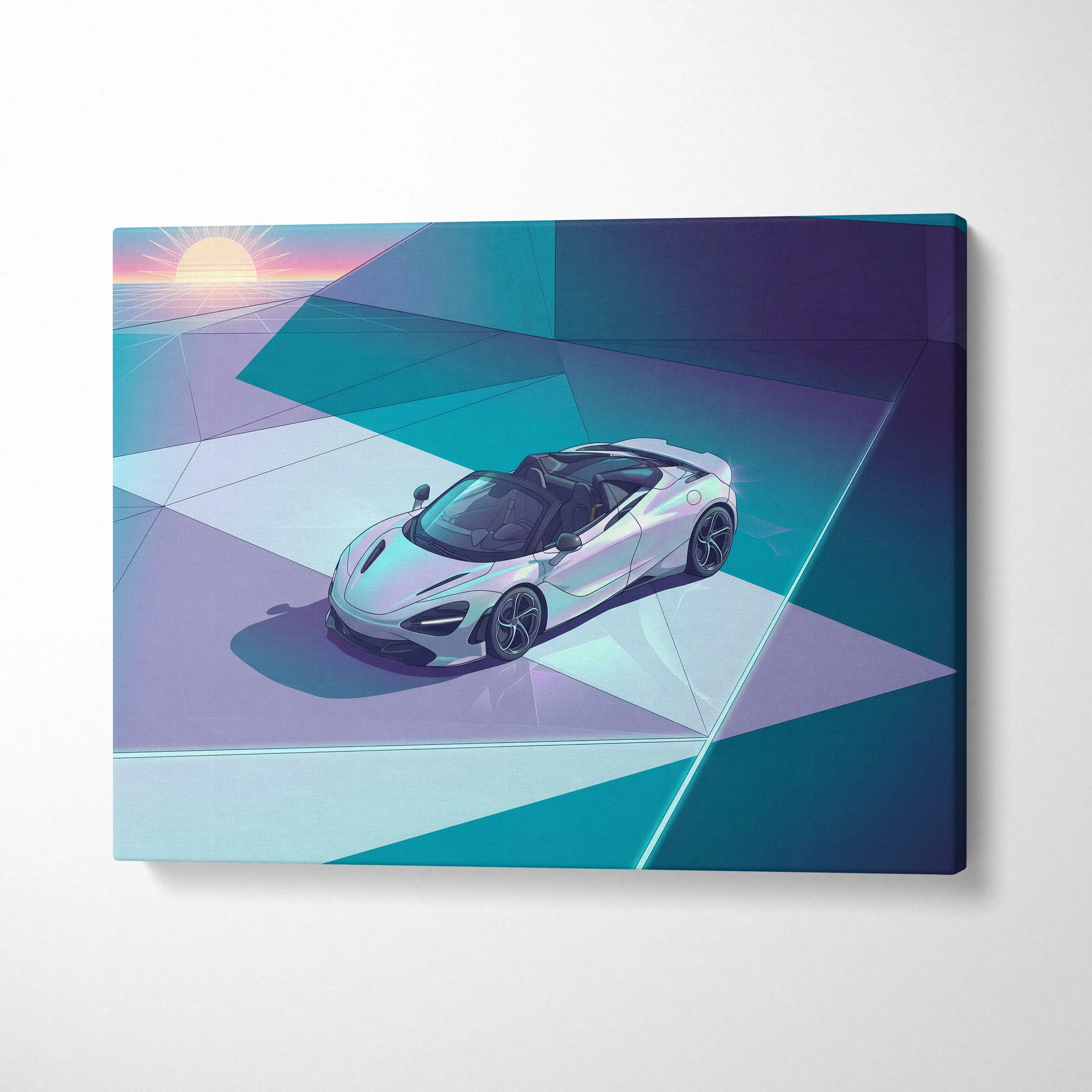 McLaren 720S Spider Inspired White Teal Canvas Wall Art, Vaporwave Supercar Artwork, Neon Grid Garage Decor, Retro Futuristic Exotic Print