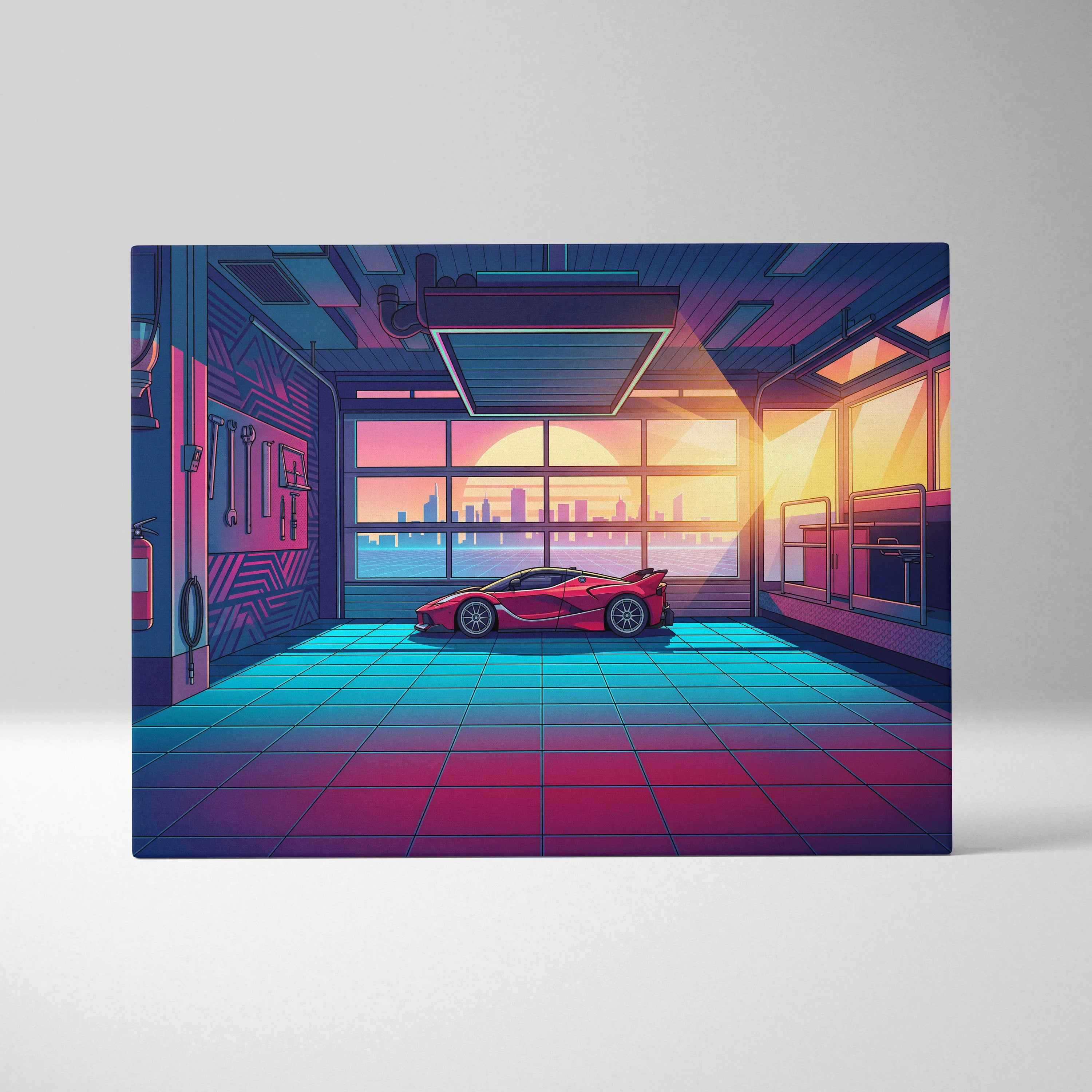 Ferrari FXX-K Inspired Red Teal Canvas Wall Art, Vaporwave Hypercar Artwork, Neon Garage Decor, Retro Futuristic Exotic Car Print