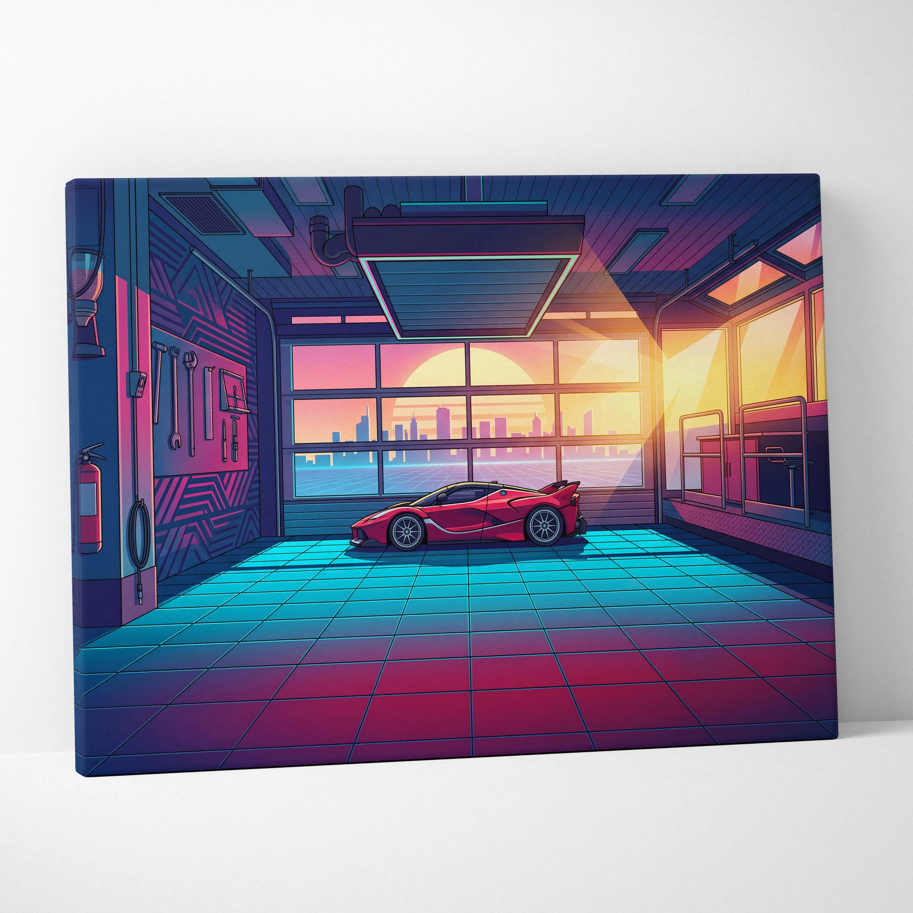 Ferrari FXX-K Inspired Red Teal Canvas Wall Art, Vaporwave Hypercar Artwork, Neon Garage Decor, Retro Futuristic Exotic Car Print