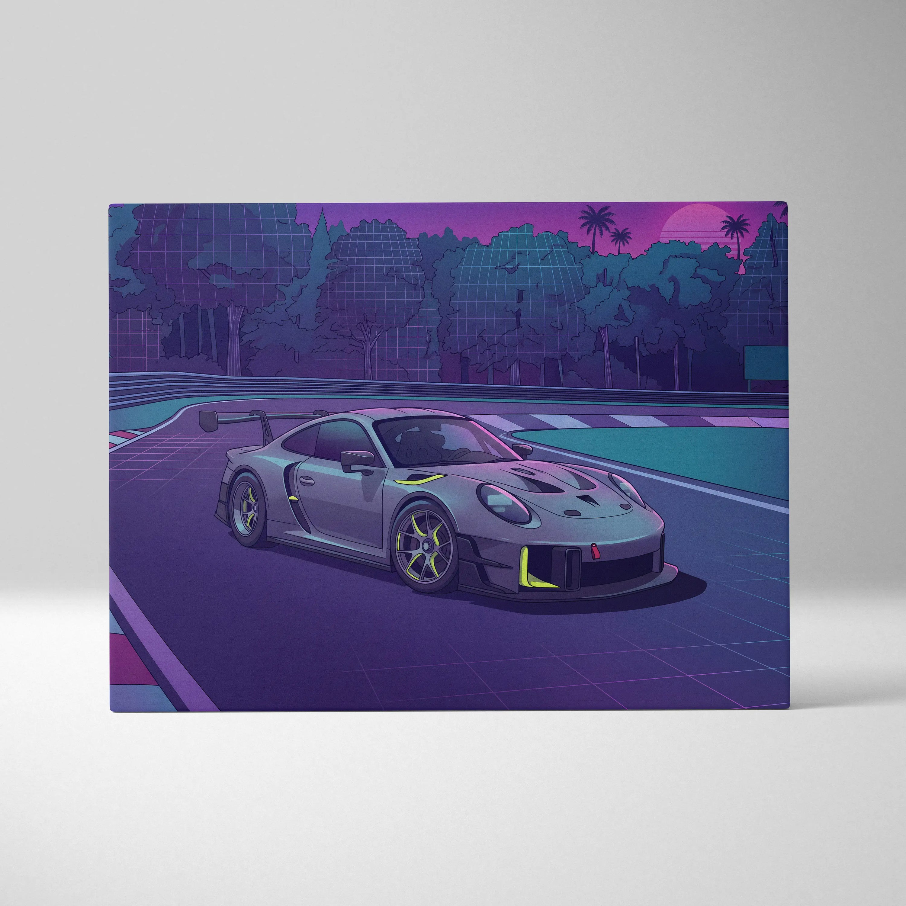 Porsche 911 GT3 RS Inspired Gray Purple Canvas Wall Art Vaporwave Sunset Race Track Sports Car Artwork, Neon Palm Garage Decor