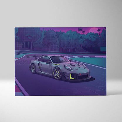 Porsche 911 GT3 RS Inspired Gray Purple Canvas Wall Art Vaporwave Sunset Race Track Sports Car Artwork, Neon Palm Garage Decor