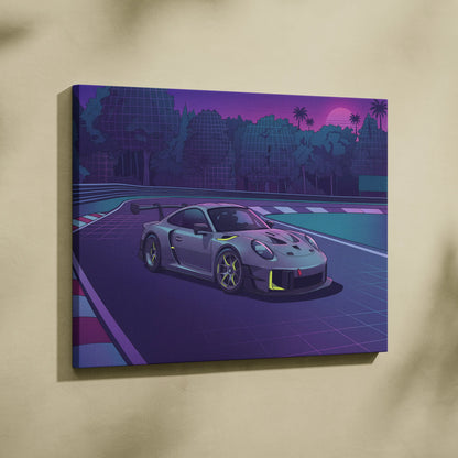 Porsche 911 GT3 RS Inspired Gray Purple Canvas Wall Art Vaporwave Sunset Race Track Sports Car Artwork, Neon Palm Garage Decor