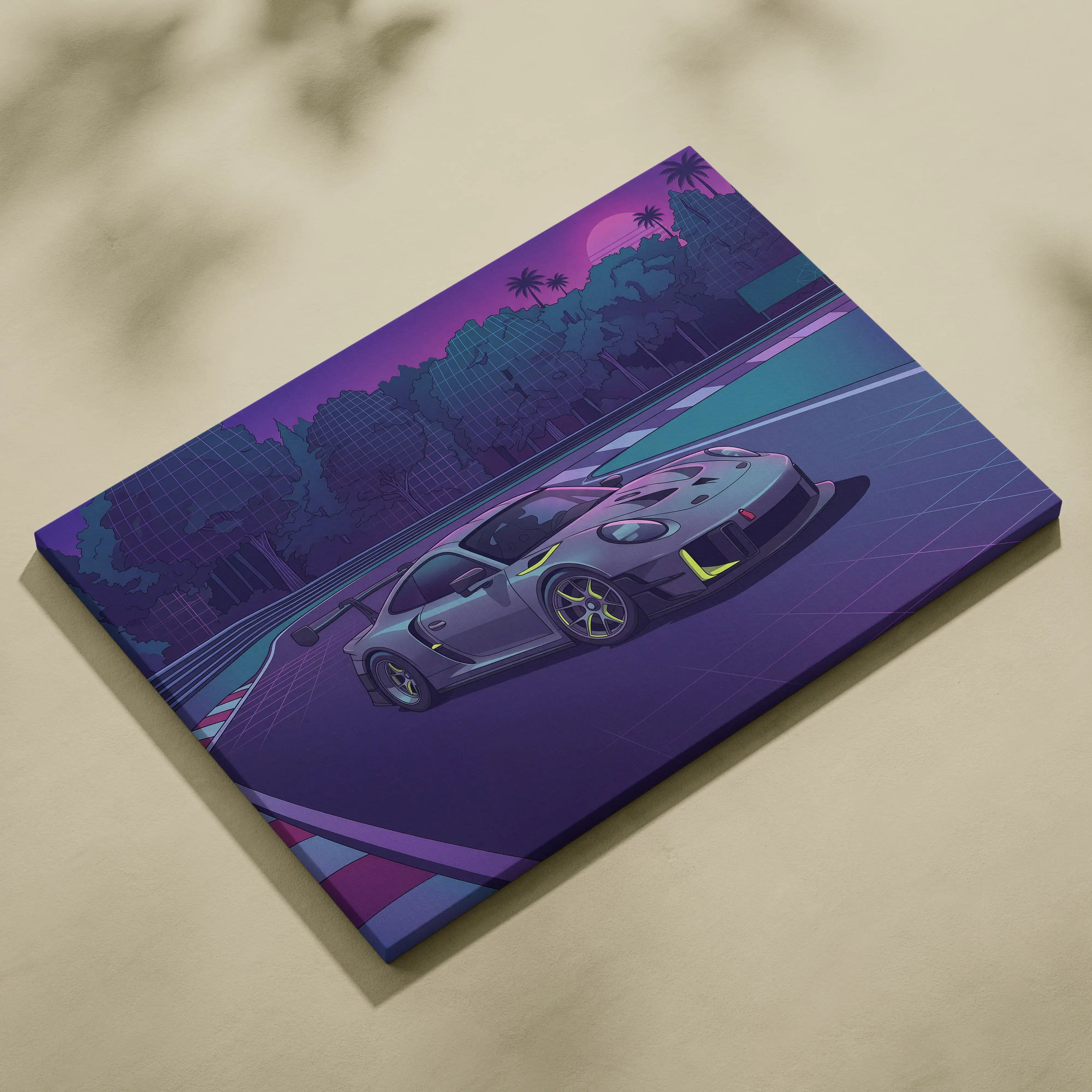 Porsche 911 GT3 RS Inspired Gray Purple Canvas Wall Art Vaporwave Sunset Race Track Sports Car Artwork, Neon Palm Garage Decor