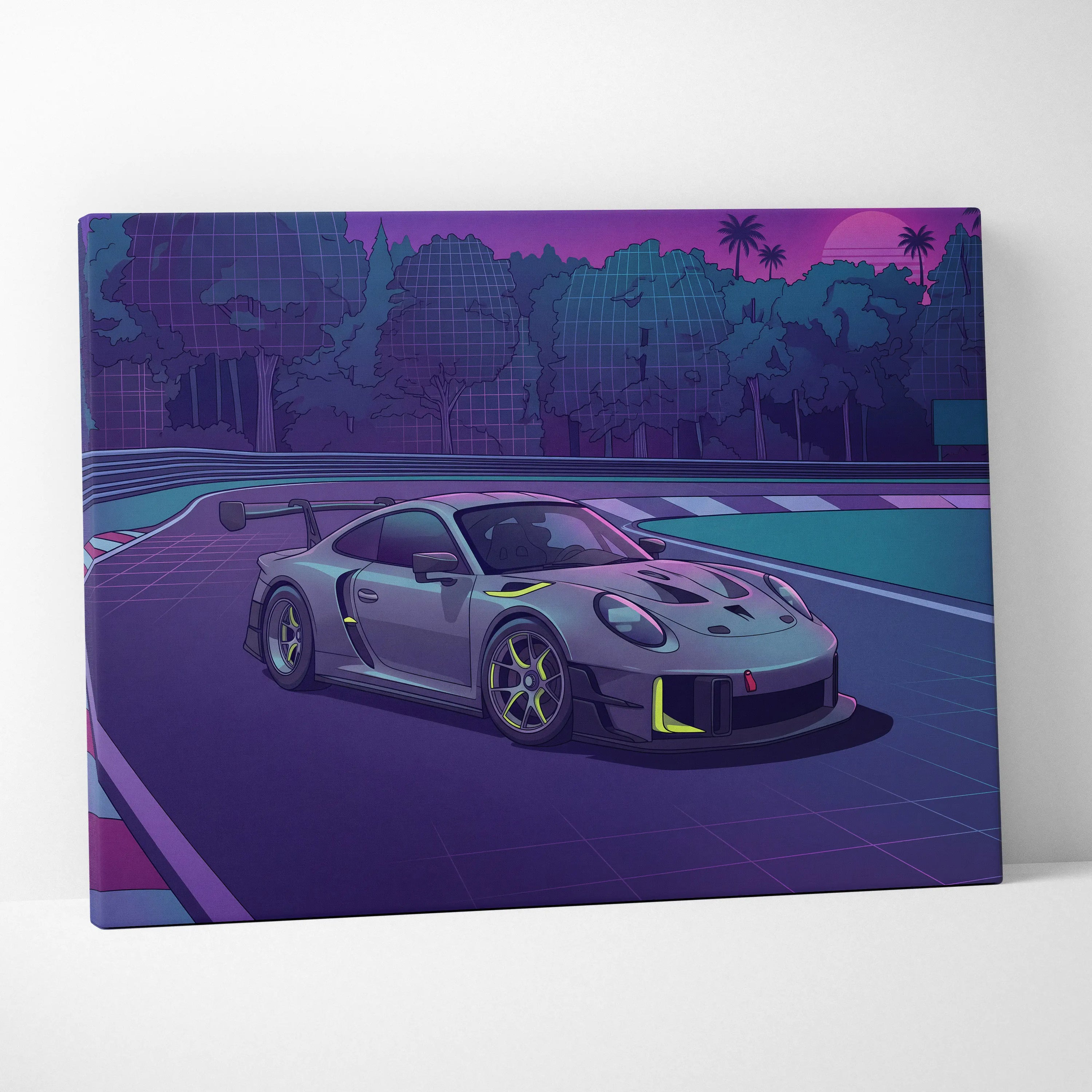 Porsche 911 GT3 RS Inspired Gray Purple Canvas Wall Art Vaporwave Sunset Race Track Sports Car Artwork, Neon Palm Garage Decor