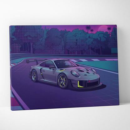 Porsche 911 GT3 RS Inspired Gray Purple Canvas Wall Art Vaporwave Sunset Race Track Sports Car Artwork, Neon Palm Garage Decor