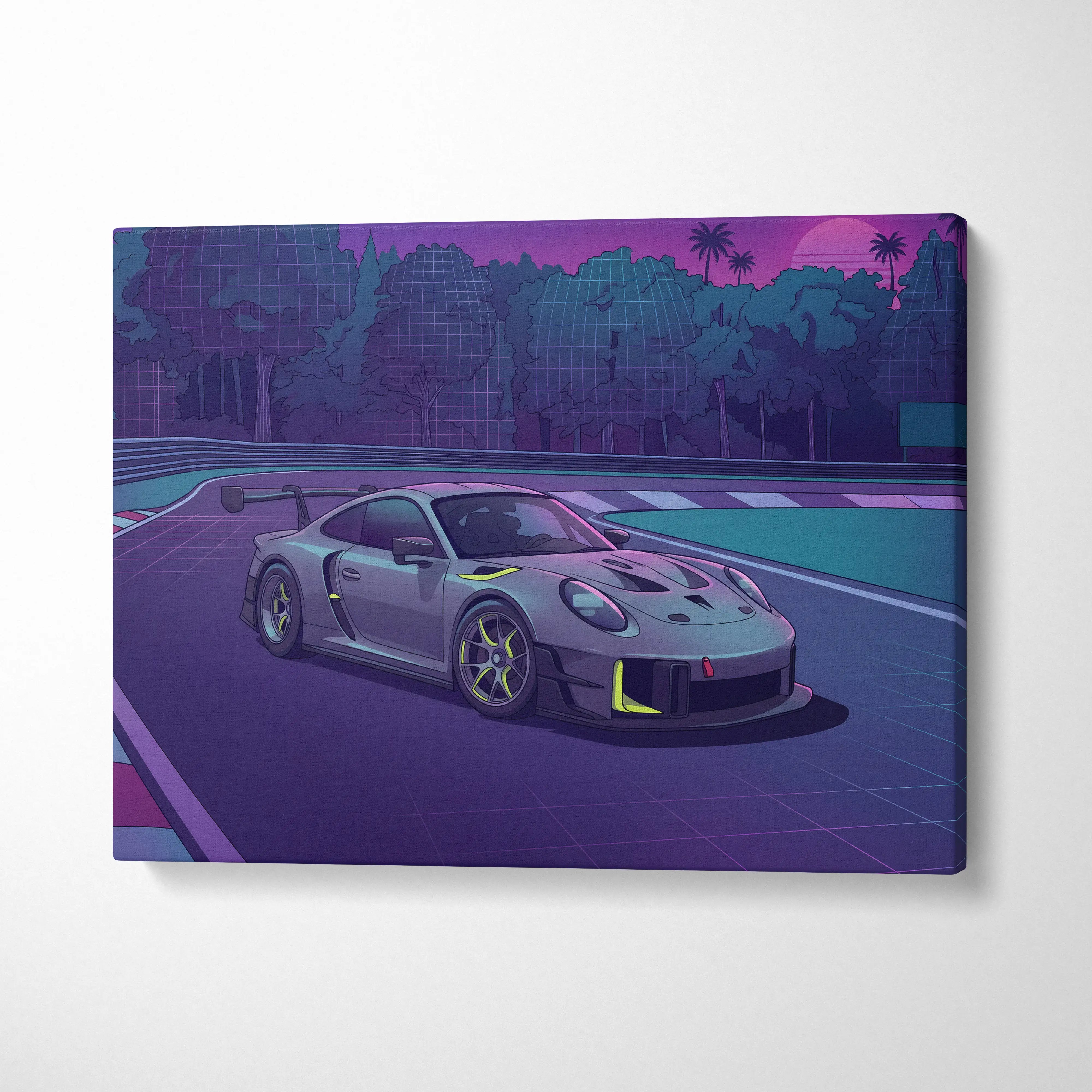 Porsche 911 GT3 RS Inspired Gray Purple Canvas Wall Art Vaporwave Sunset Race Track Sports Car Artwork, Neon Palm Garage Decor