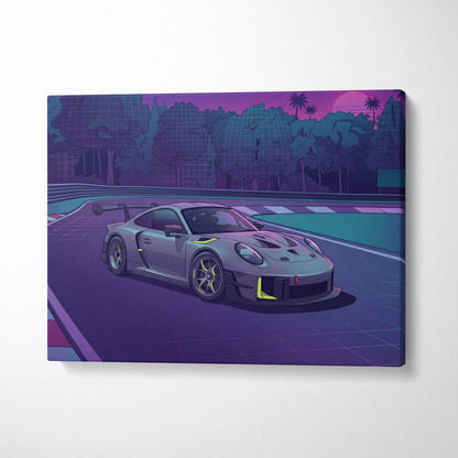 Porsche 911 GT3 RS Inspired Gray Purple Canvas Wall Art Vaporwave Sunset Race Track Sports Car Artwork, Neon Palm Garage Decor