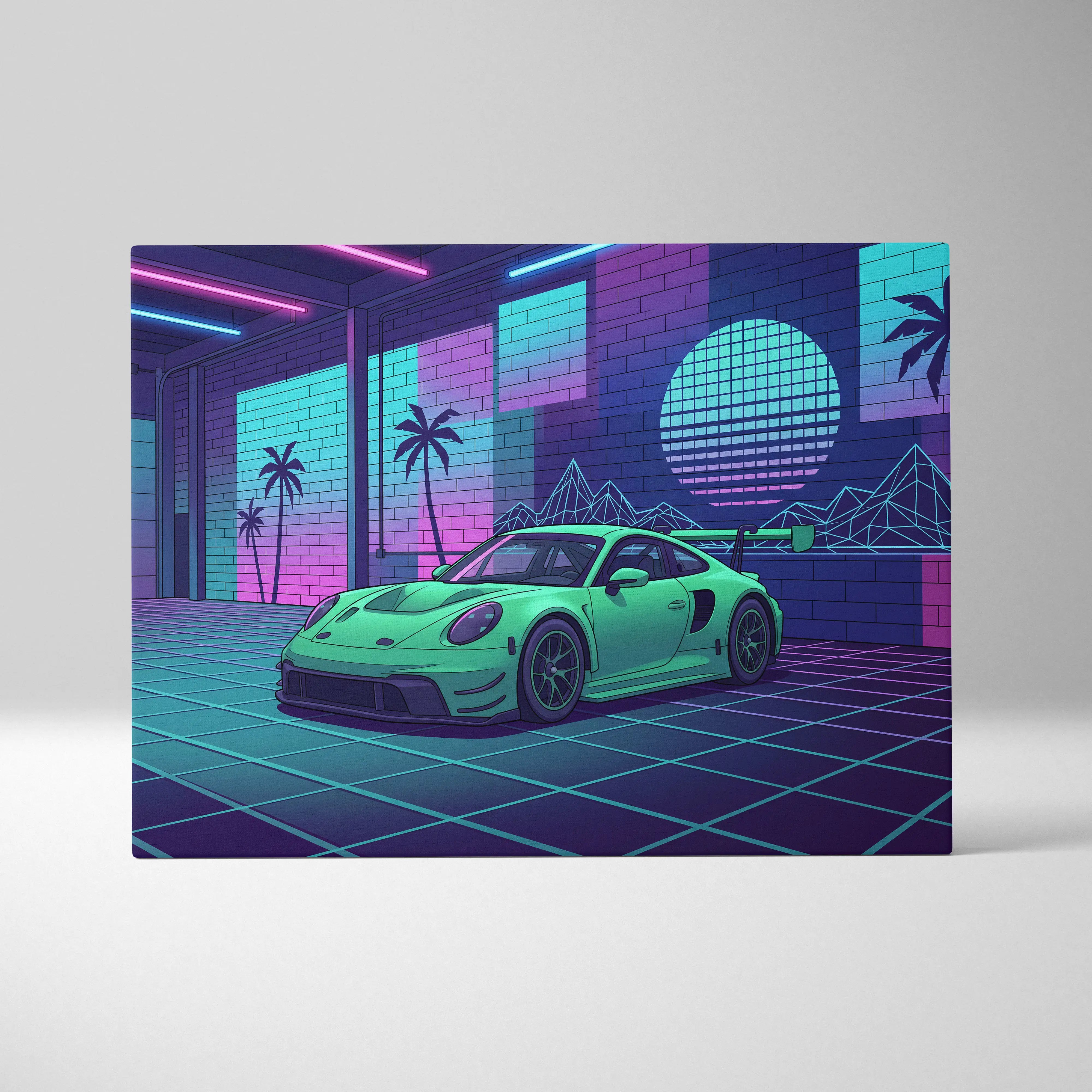 Porsche 911 GT3 RS Inspired Green Purple Canvas Wall Art Vaporwave Neon Garage Sports Car Artwork, Retro Grid Motorsport Decor