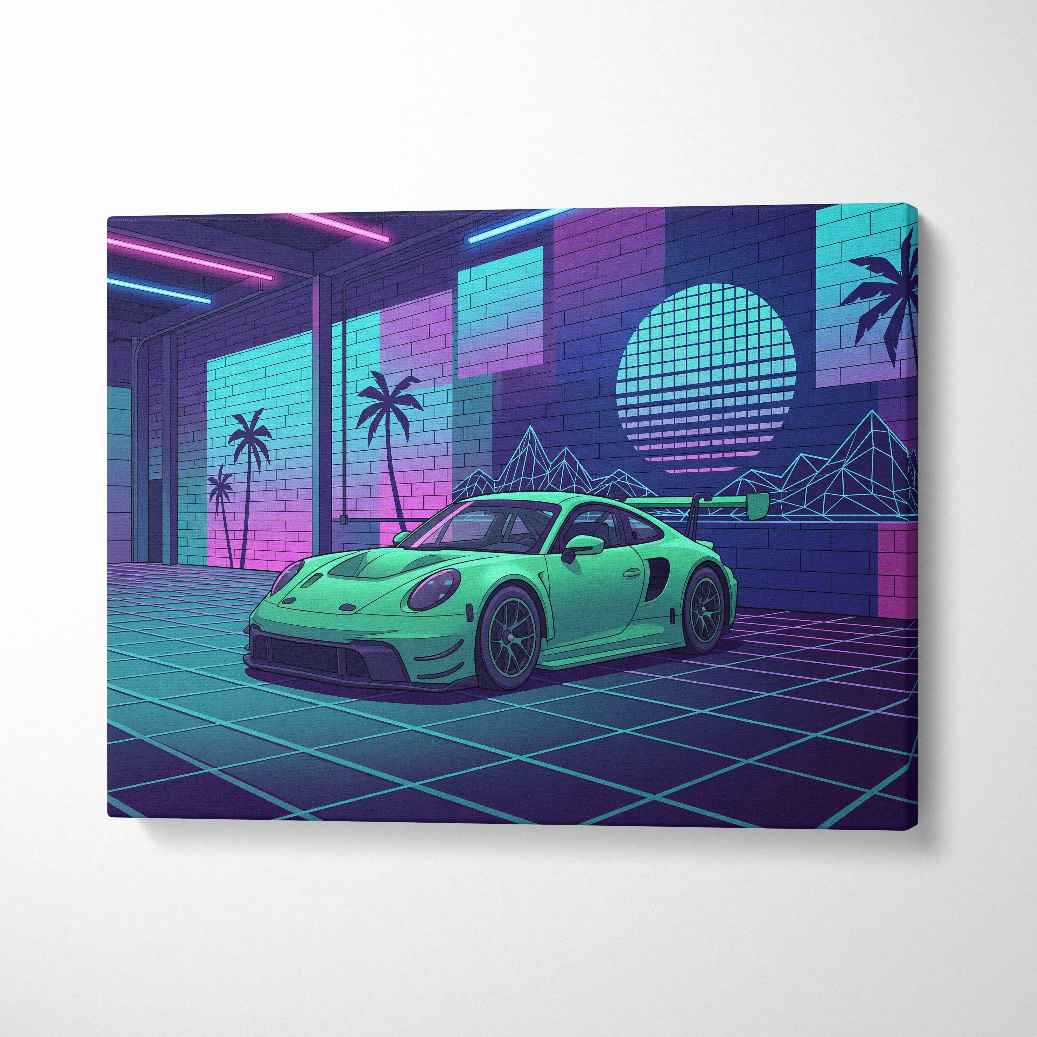 Porsche 911 GT3 RS Inspired Green Purple Canvas Wall Art Vaporwave Neon Garage Sports Car Artwork, Retro Grid Motorsport Decor