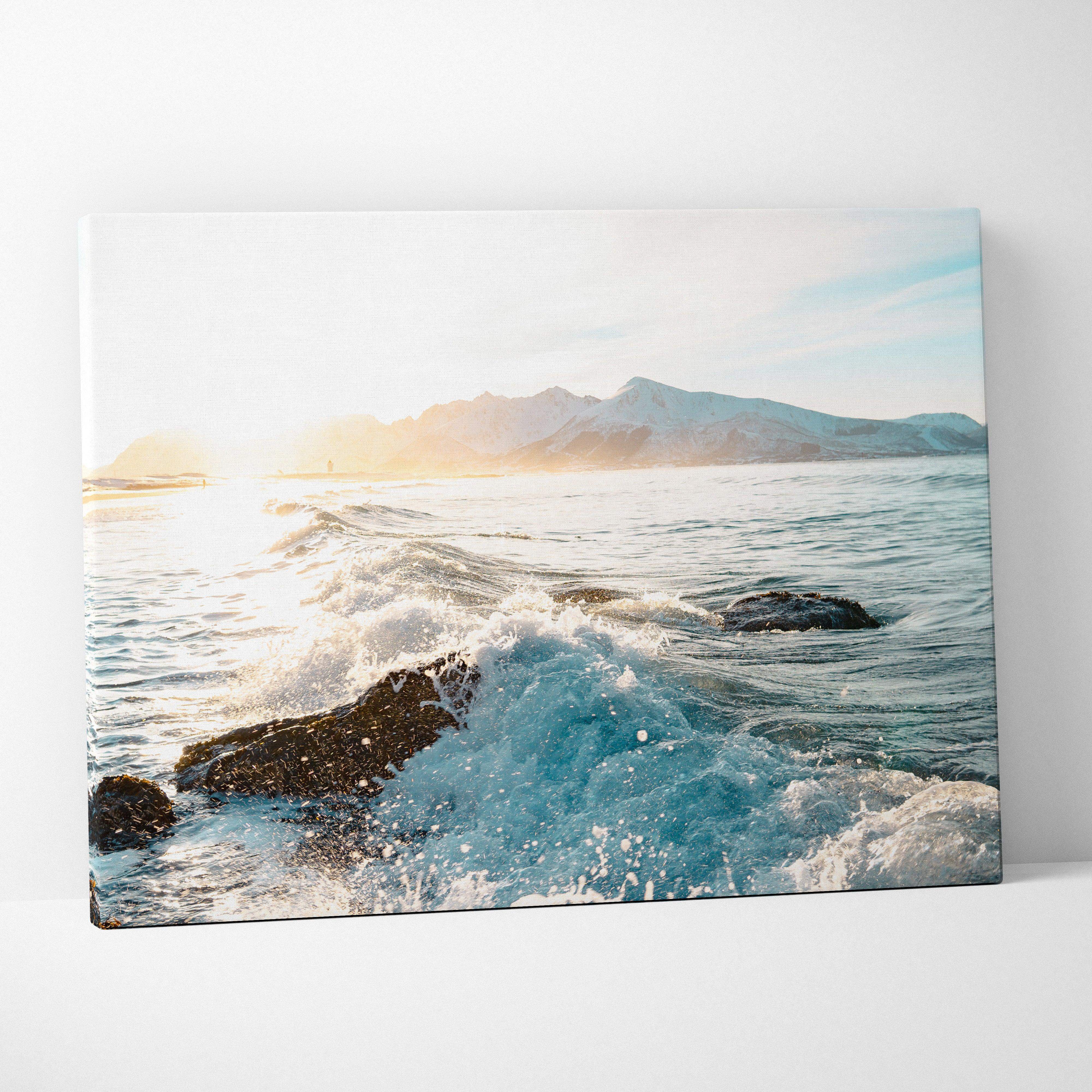 Nordic coastal canvas print: turquoise waves on Norwegian shoreline at sunset