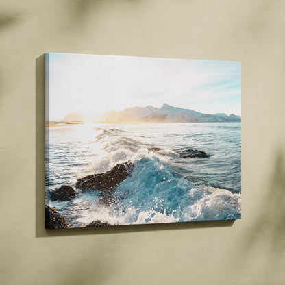 Serene Norwegian Shore Beach Wall Art with Rolling Waves and Sunlit Sands