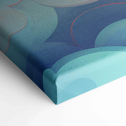 Canvas wall art featuring vibrant abstract shapes in shades of blue and teal with smooth curved lines.