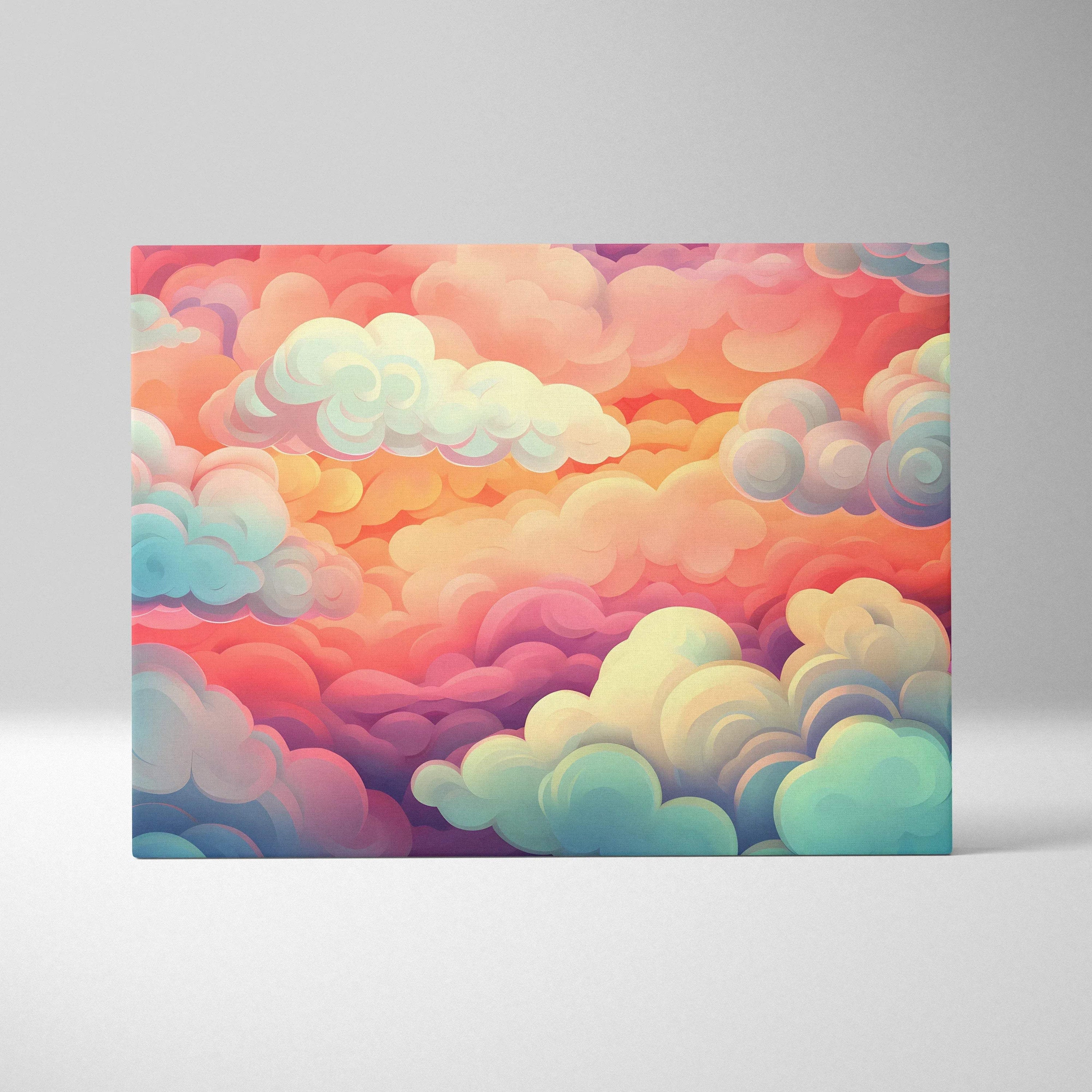 Colorful abstract canvas art print featuring layered clouds in pastel pinks, blues, and oranges.